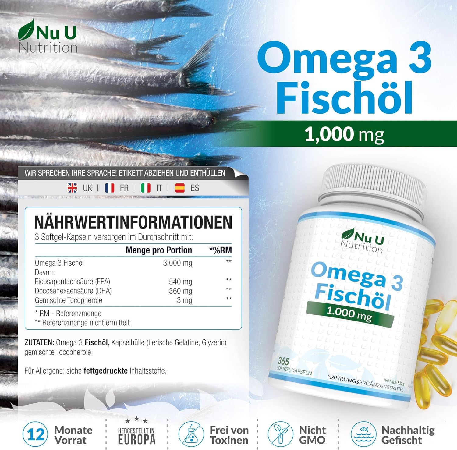 Flacone Nu U Nutrition Omega 3 Fischöl, 1.000 mg. Con informazioni nutrizionali. 365 capsule.