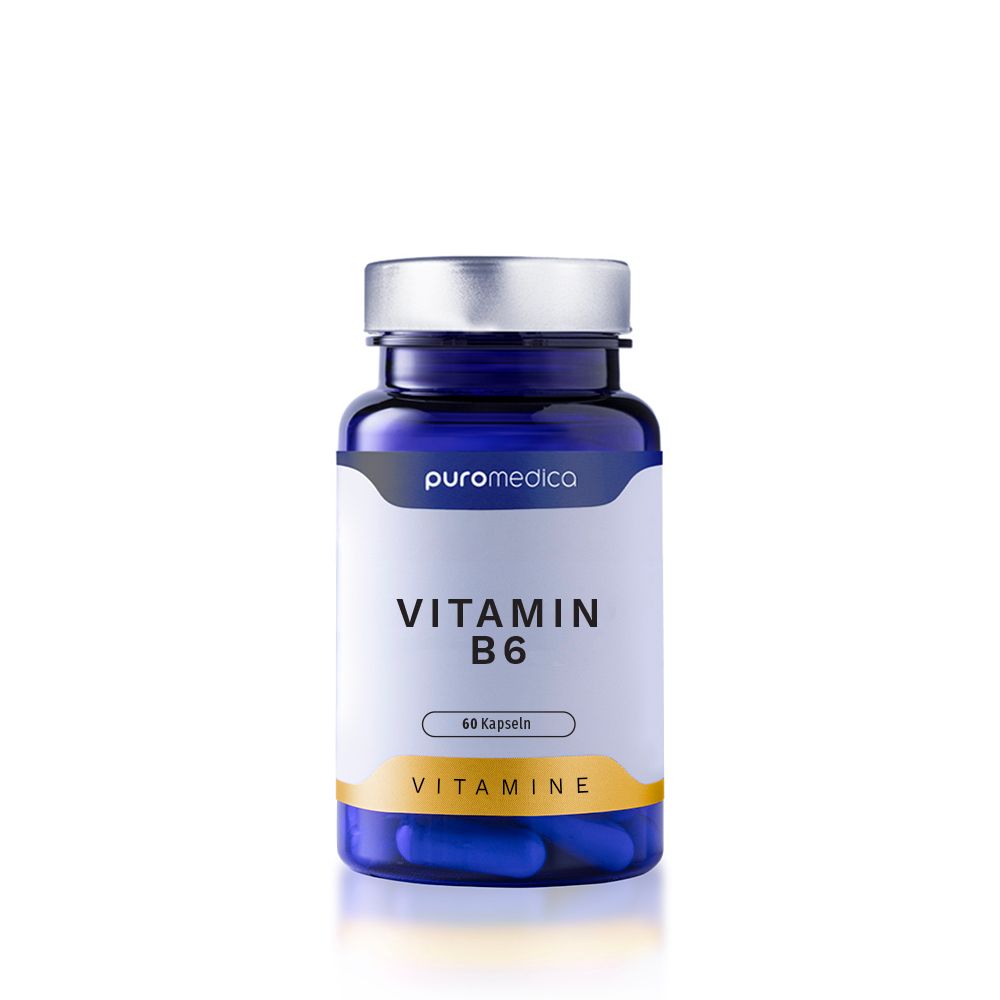 Flasche mit Vitamin B6 Kapseln, 60 Stück, von PuroMedica.