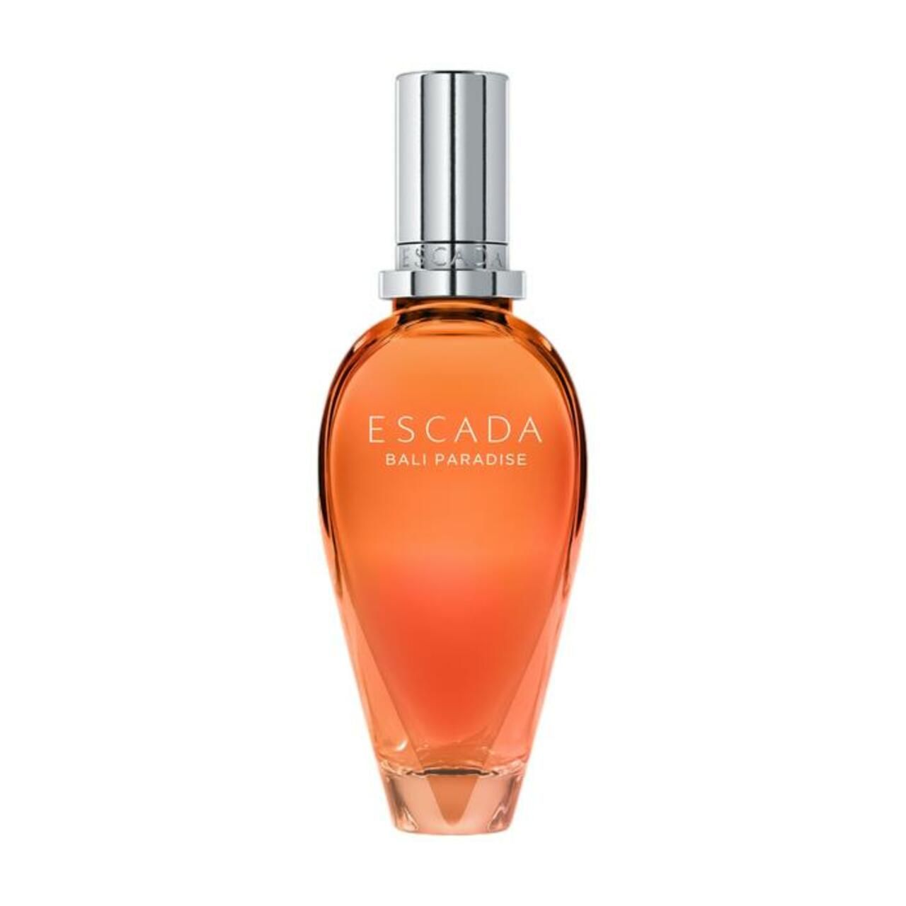 Flakon Escada Bali Paradise. Tropfenförmiger Flakon mit silbernem Verschluss. Orangefarbenes Parfum. Schriftzug.