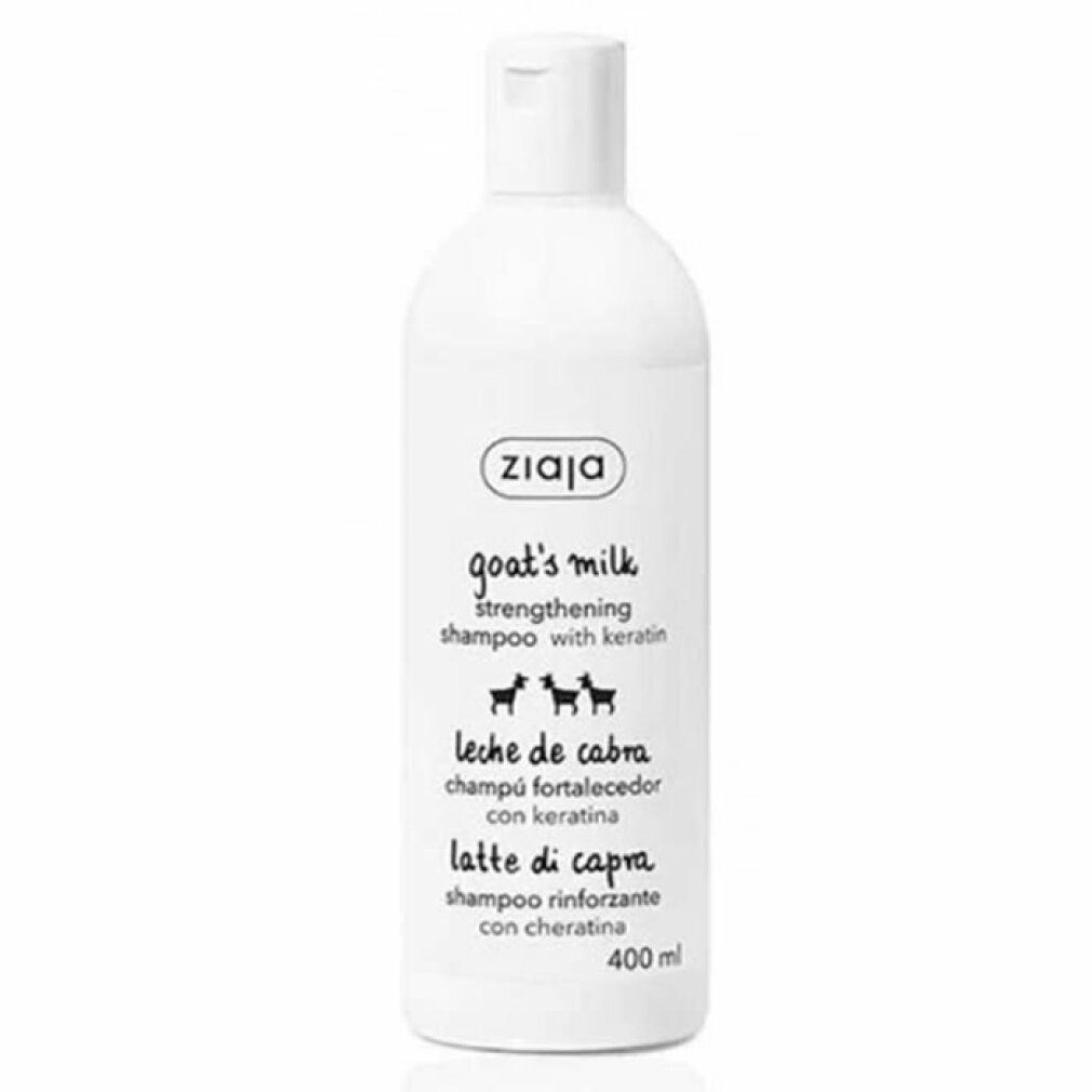Weiße Flasche mit Ziaja-Logo und Text: goat's milk, Leche de cabra, Latte di capra. 400 ml.
