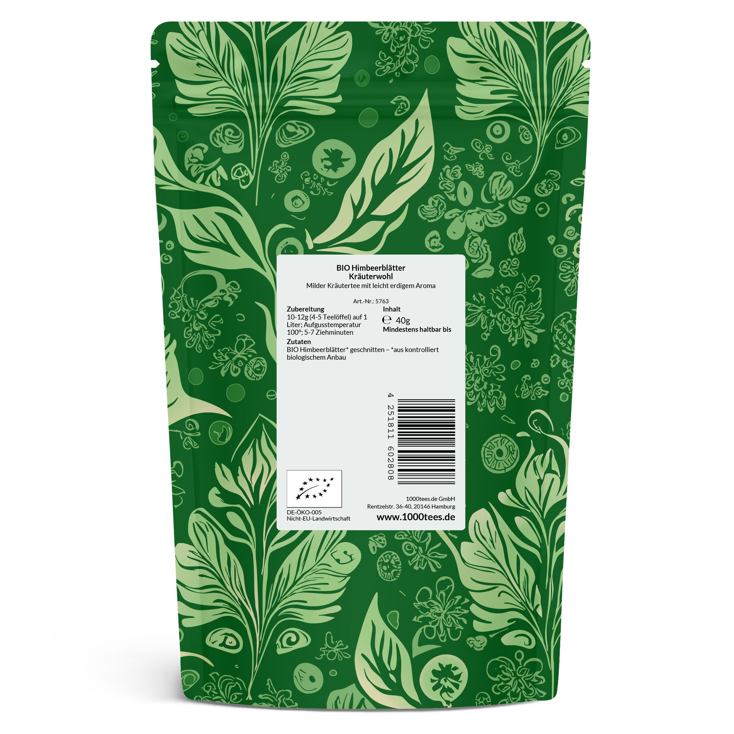 Rückseite der grünen Verpackung mit floralem Muster. Text mit Produktinformationen, Zutaten und Bio-Siegel.