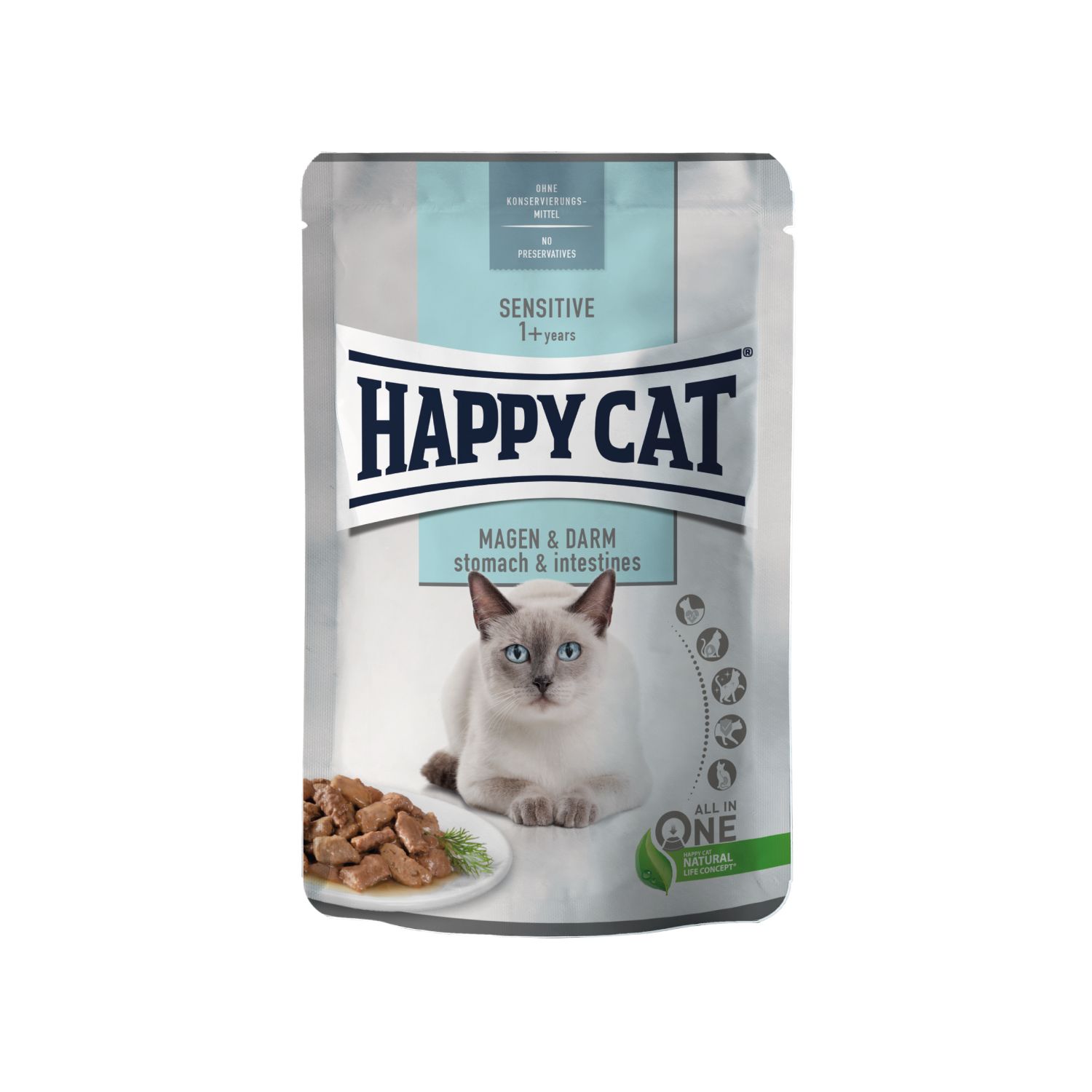 Verpackung mit Produktabbildung. Aufschrift "HAPPY CAT Magen & Darm". Abgebildet ist eine Katze und Futter.