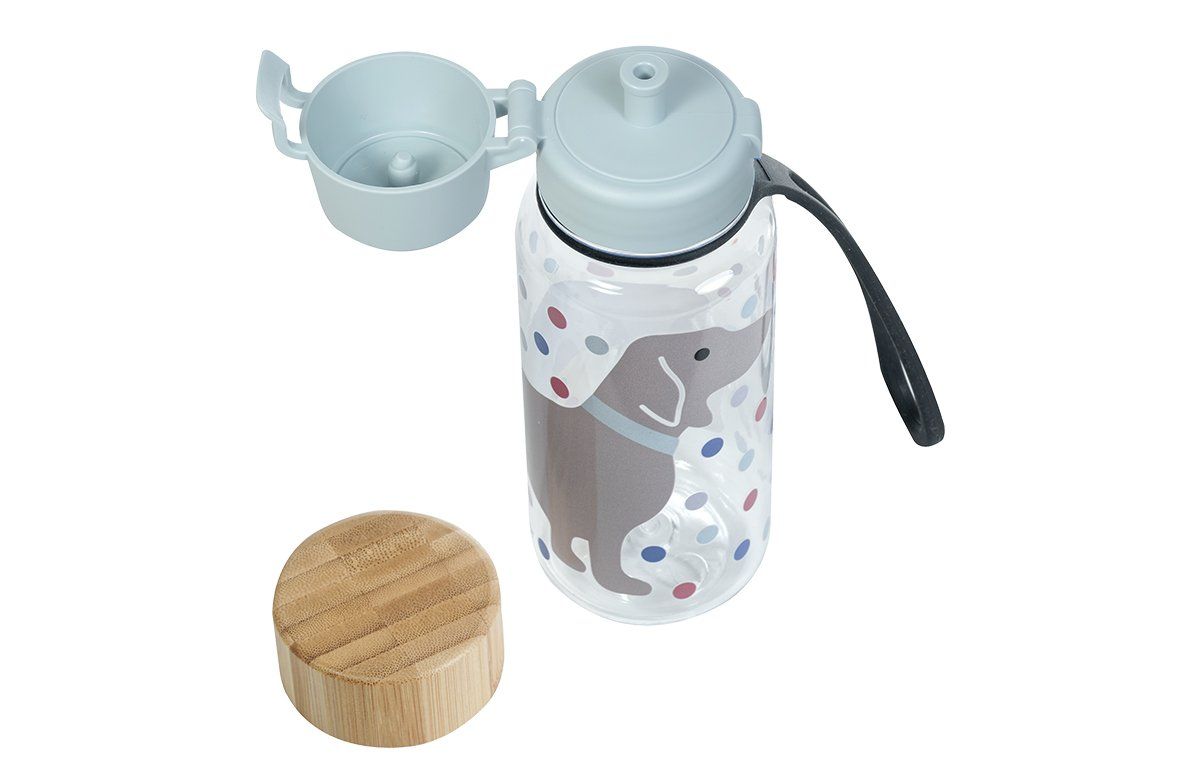 Trinkflasche mit Dackel-Motiv, Tritan, Bambusdeckel, blauer Verschluss, schwarze Schlaufe.