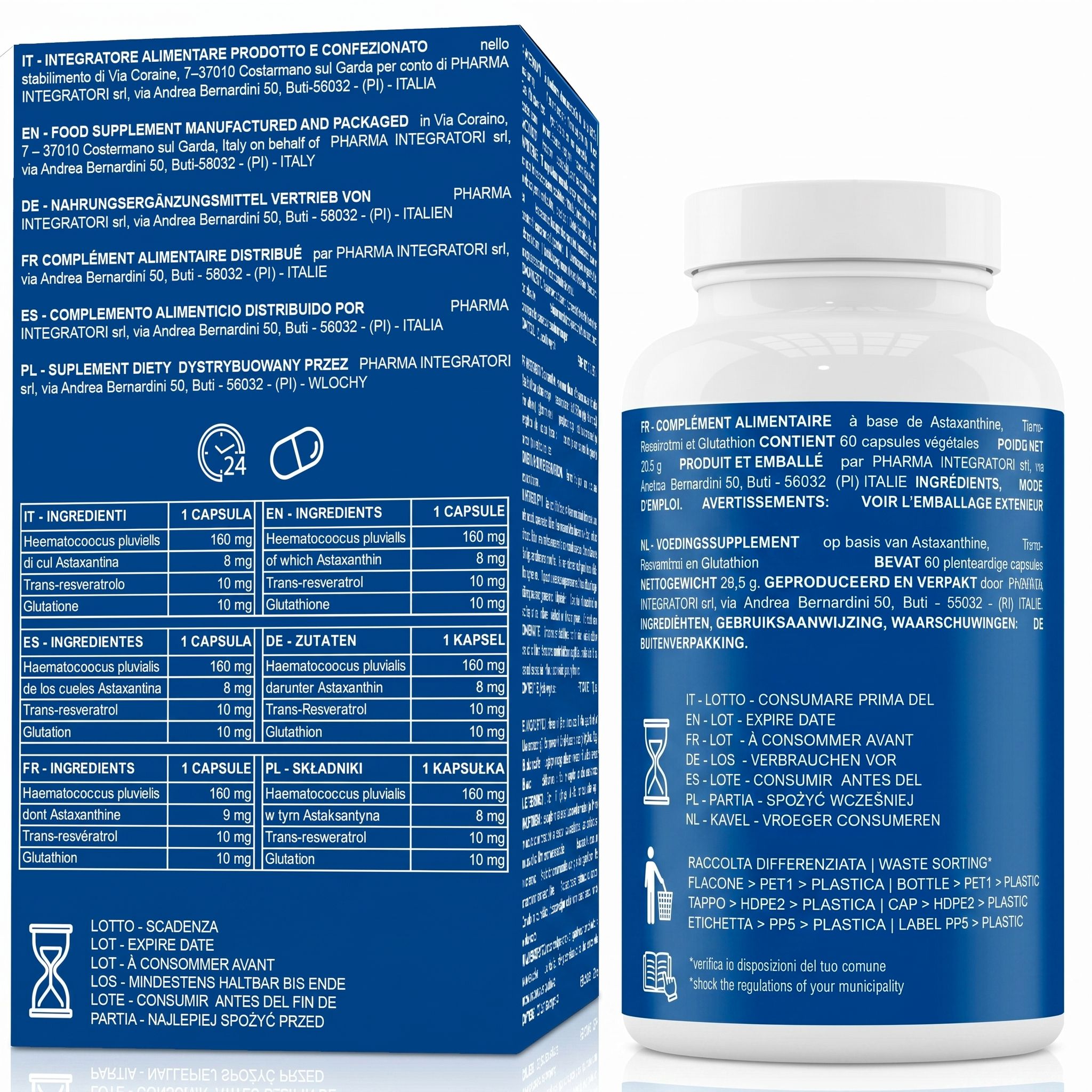 Astaxantina 8 mg, Resveratrol 10 mg, Glutathion 10 mg. 60 Kapseln.