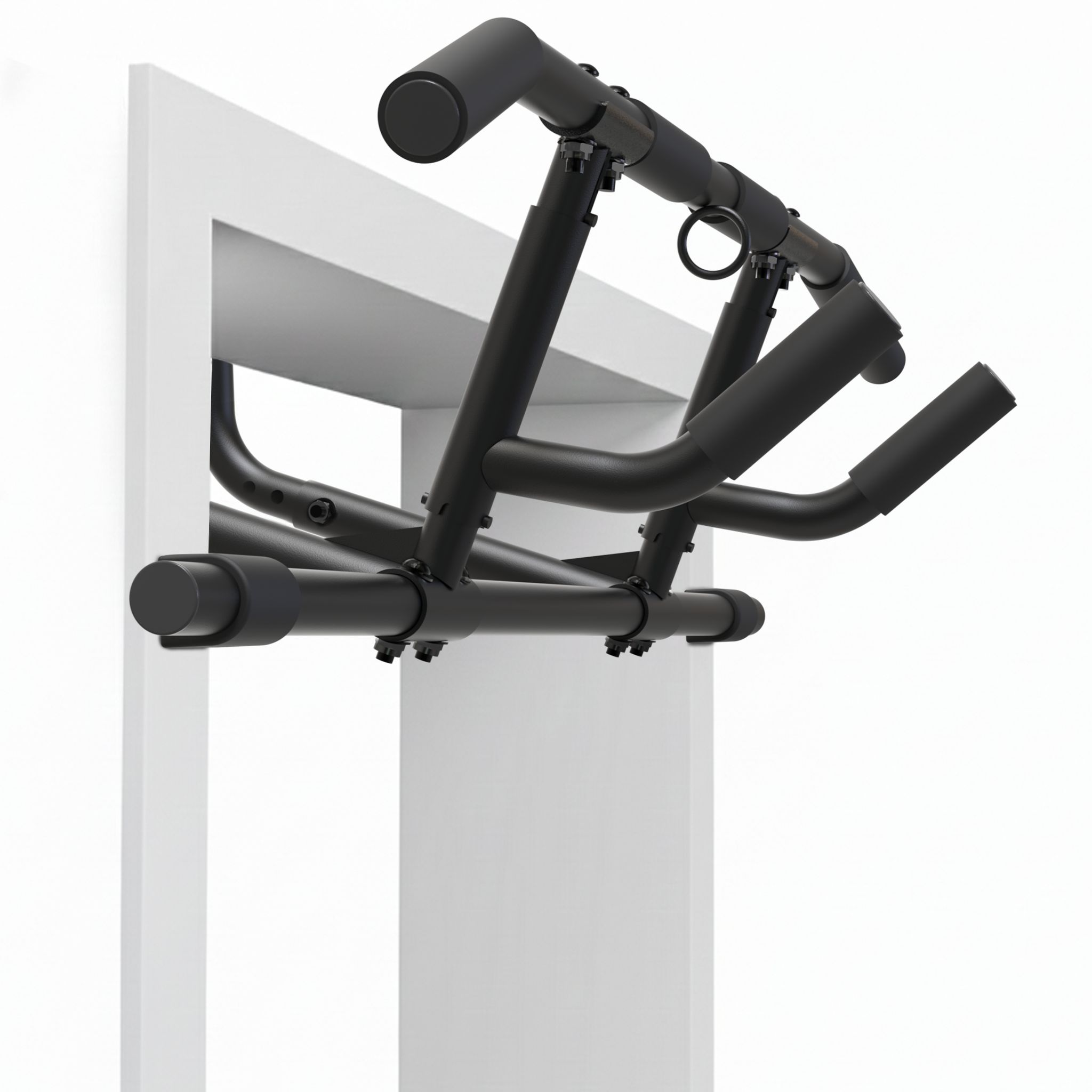 Schwarze Klimmzugstange im Türrahmen montiert. Mit Griffen und Halterungen. Blick von unten.