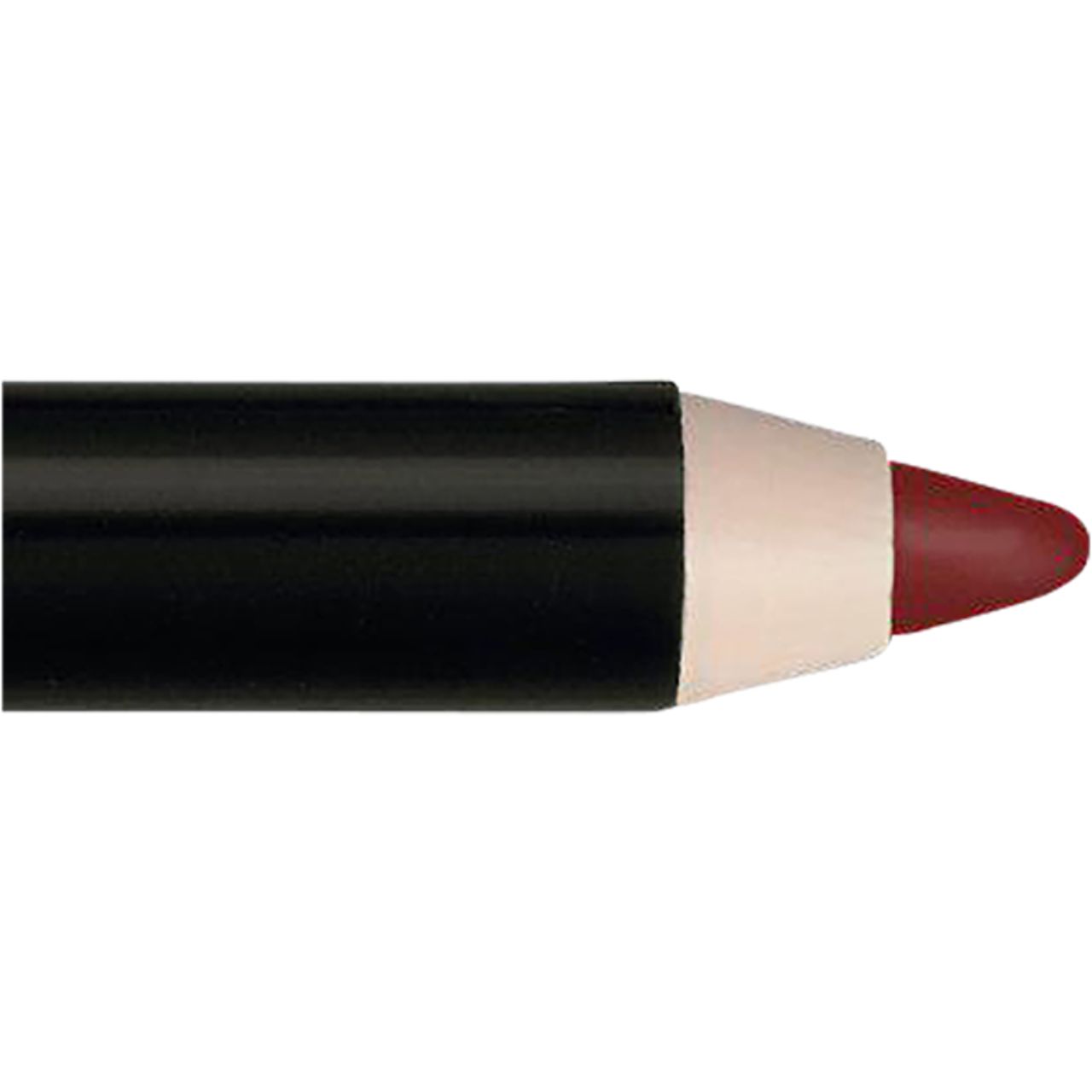 Nahaufnahme eines Lippenstiftes. Schwarzer Stift, Spitze in dunklem Rot, umgeben von hellem Material.