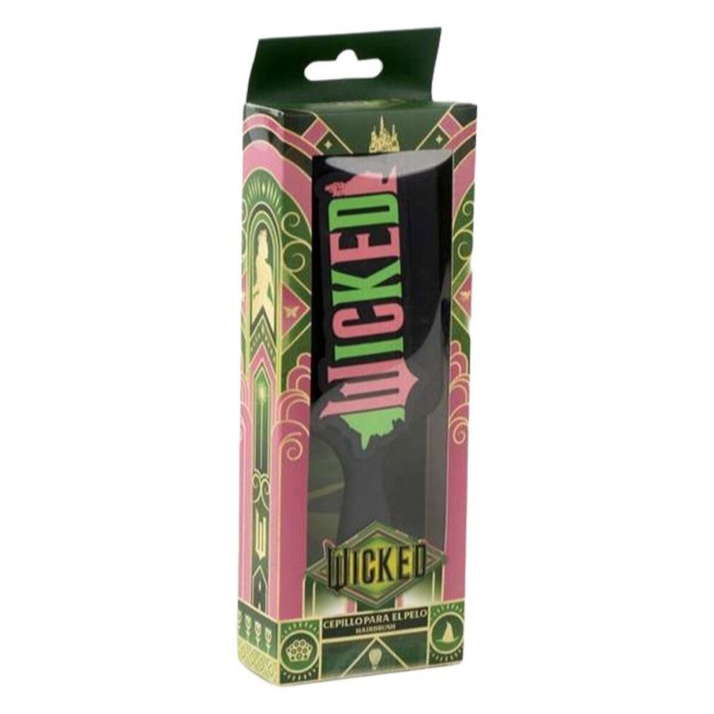 Verpackte Haarbürste in einer grünen Schachtel mit dem Wort WICKED. Die Bürste ist durch eine transparente Hülle sichtbar.