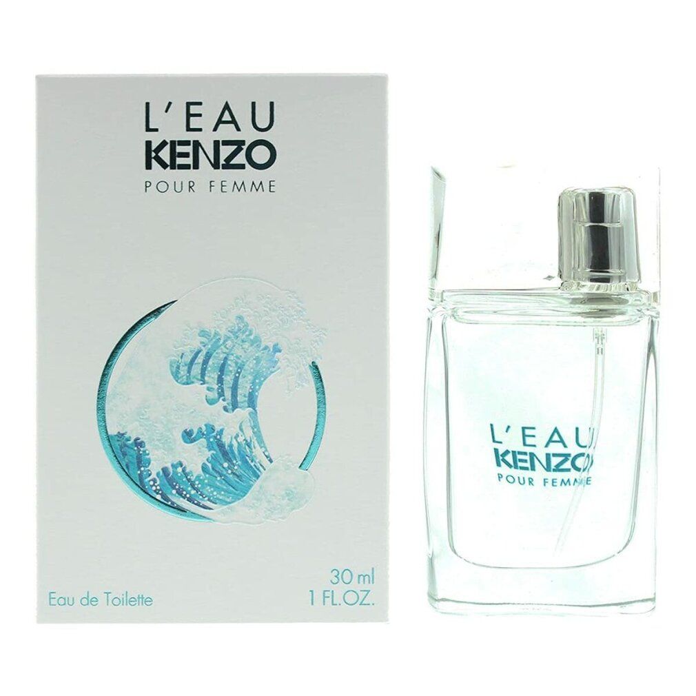 Kenzo L'Eau Pour Femme Edt Spray. Flakon und Verpackung mit Wellenmotiv. Aufschrift: L'Eau Kenzo Pour Femme.