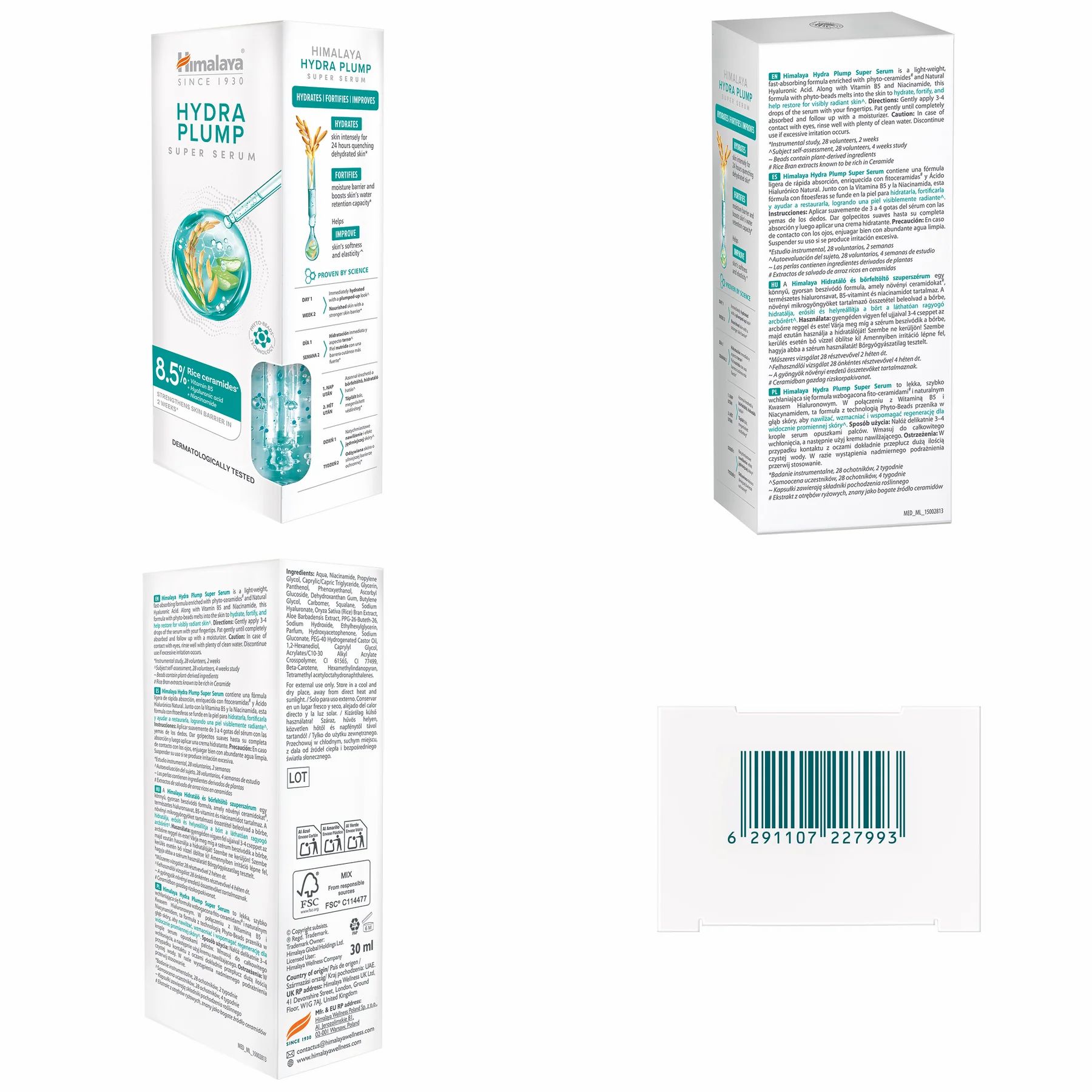 Produktverpackung mit verschiedenen Ansichten. Barcode auf der Rückseite. Text auf der Verpackung.