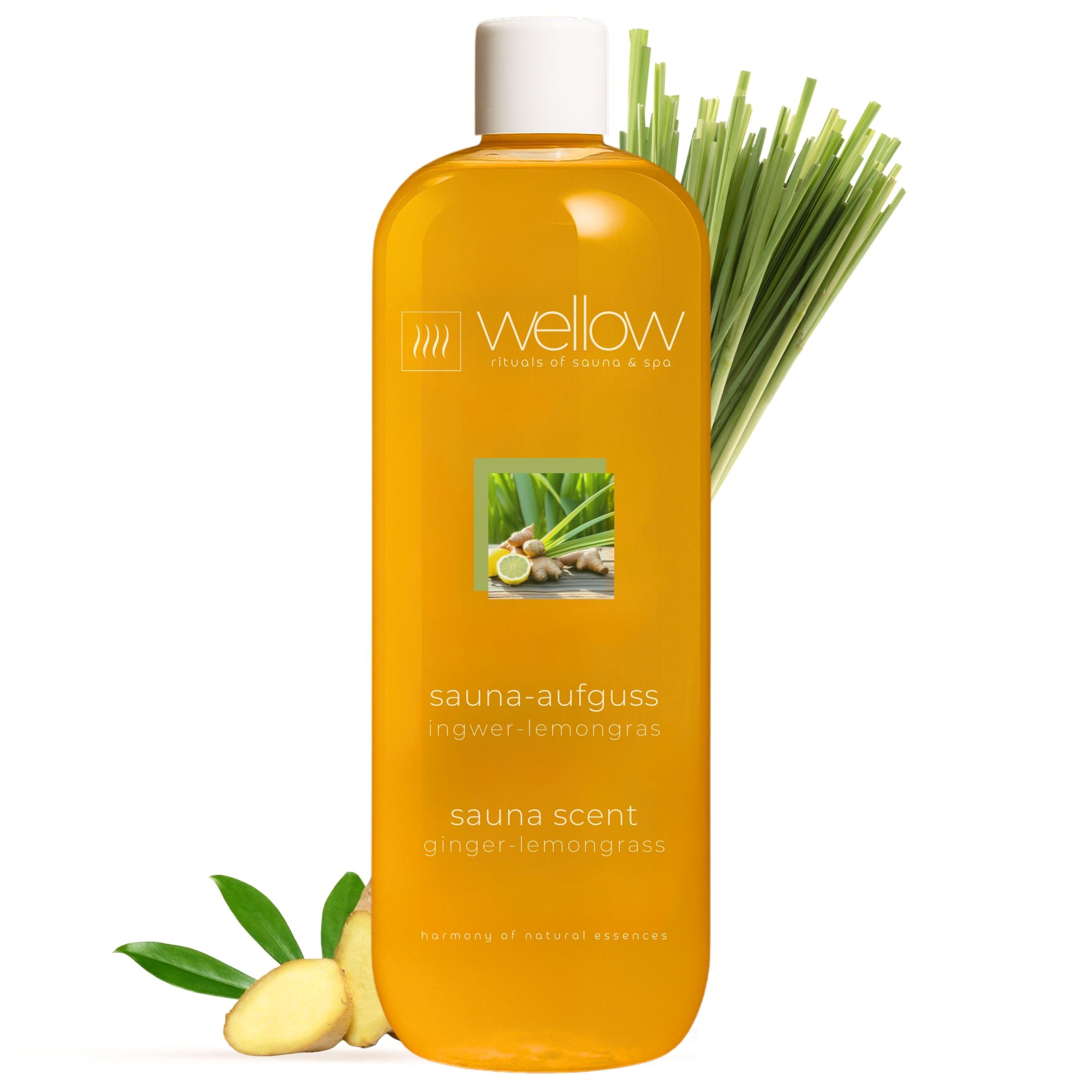 Gelbe Flasche mit weißem Deckel. Aufschrift: Wellow, Sauna-Aufguss Ingwer-Lemongras, Sauna Scent Ginger-Lemongrass. Abbildung von Ingwer und Lemongras.