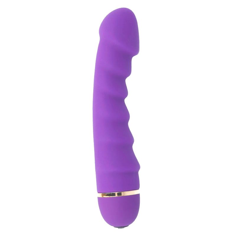 Lila Vibrator mit geriffelter Oberfläche und goldfarbenem Ring am unteren Ende. Form eines Penis.