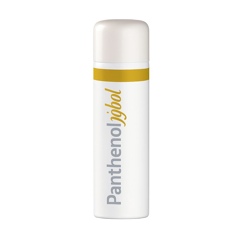 Weiße Flasche mit weißem Deckel und gelbem Streifen. Aufschrift "Panthenol Jojoba" in Gelb und Grau.