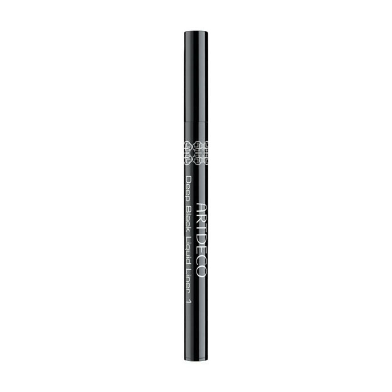 Schwarzer flüssiger Eyeliner. Aufschrift: ARTDECO, Deep Black Liquid Liner 1. Schwarze, zylindrische Form.