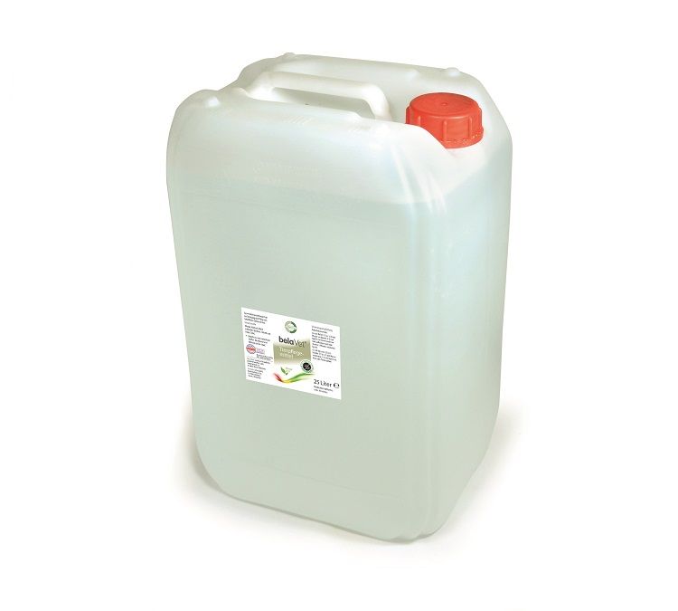 Transparenter Kanister mit rotem Deckel und Griff. Etikett mit Produktinformationen. 25 Liter.