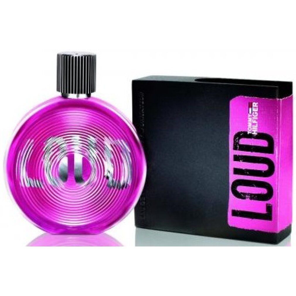 Runder, pinkfarbener Flakon mit silbernem Verschluss und schwarzer Verpackung. Aufschrift "LOUD" und "Tommy Hilfiger".