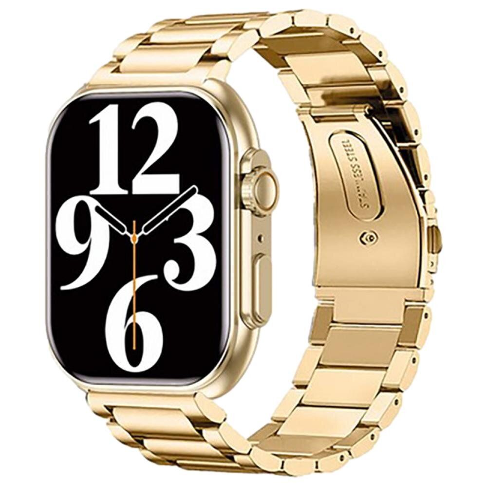 Goldfarbene Smartwatch mit Metallarmband. Schwarzes Ziffernblatt mit weißen Ziffern. Edelstahl-Schließe.