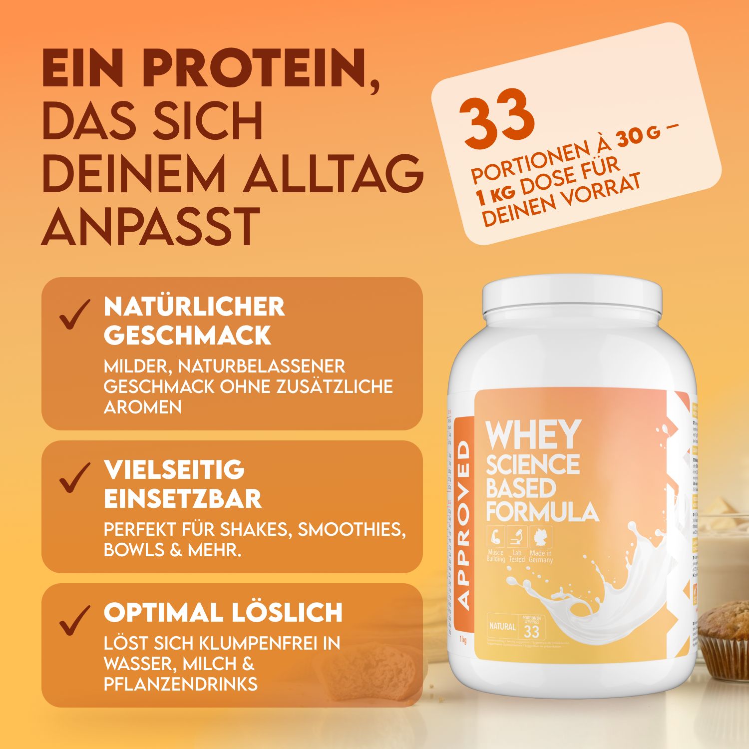 Weiße Dose mit Aufschrift "WHEY SCIENCE BASED FORMULA". 33 Portionen à 30g. Natürlicher Geschmack, vielseitig einsetzbar und optimal löslich.