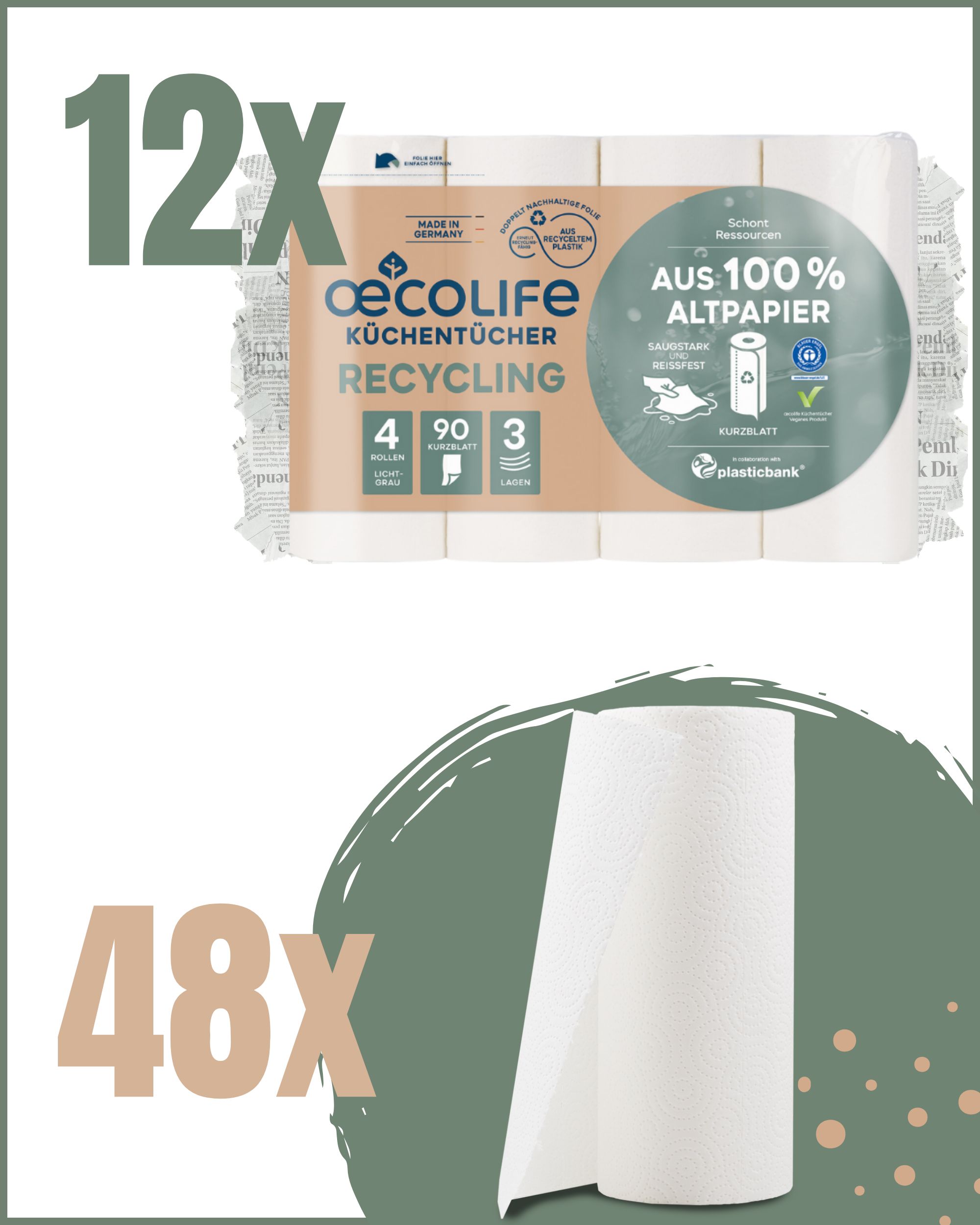 Oecolife Küchentücher Recycling: 12er Packung und Einzelrolle. 48 Rollen aus 100% Recyclingpapier.
