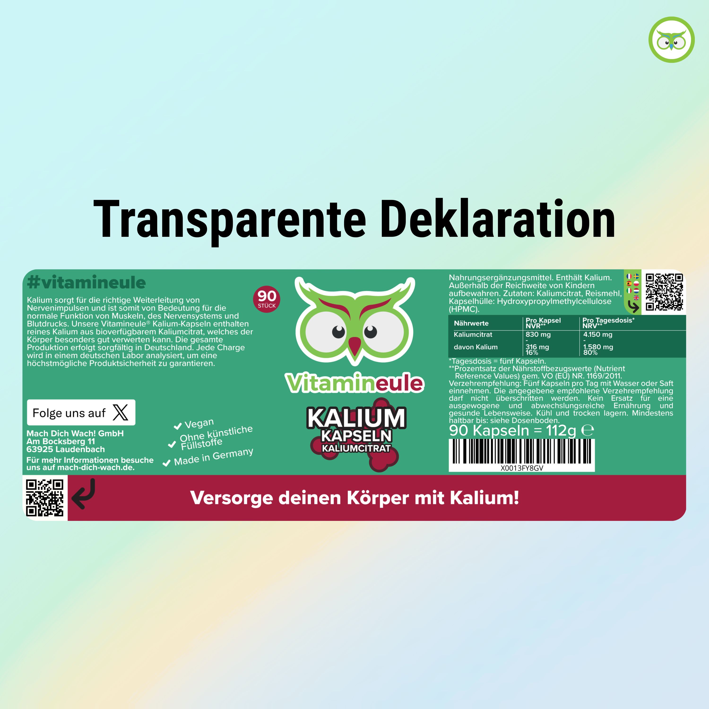 Etikett der Kalium Kapseln von Vitamineule. Enthält: Kalium, 90 Kapseln, 112g. Transparente Deklaration. Vegan, ohne künstliche Aromen, Made in Germany.