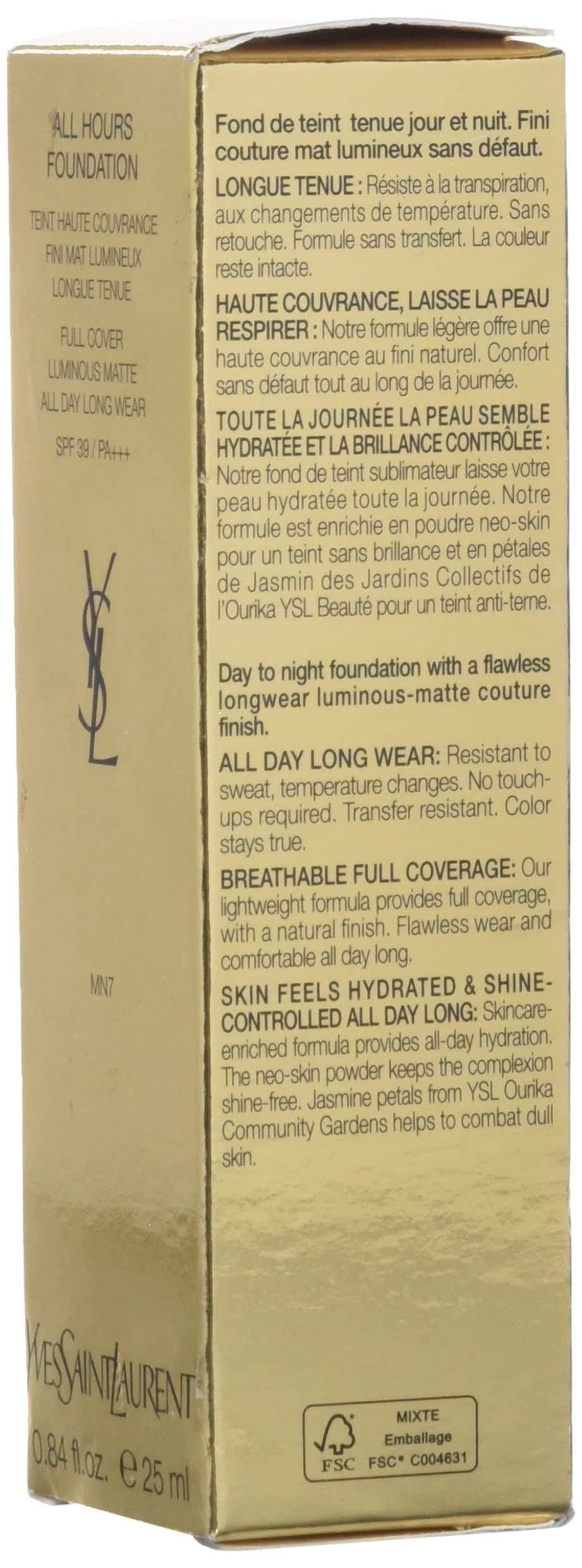 Yves Saint Laurent All Hours Foundation. Karton mit Text. Aufschrift: ALL HOURS FOUNDATION, MAT LUMINEUX, LUMINOUS MATTE. MN7.