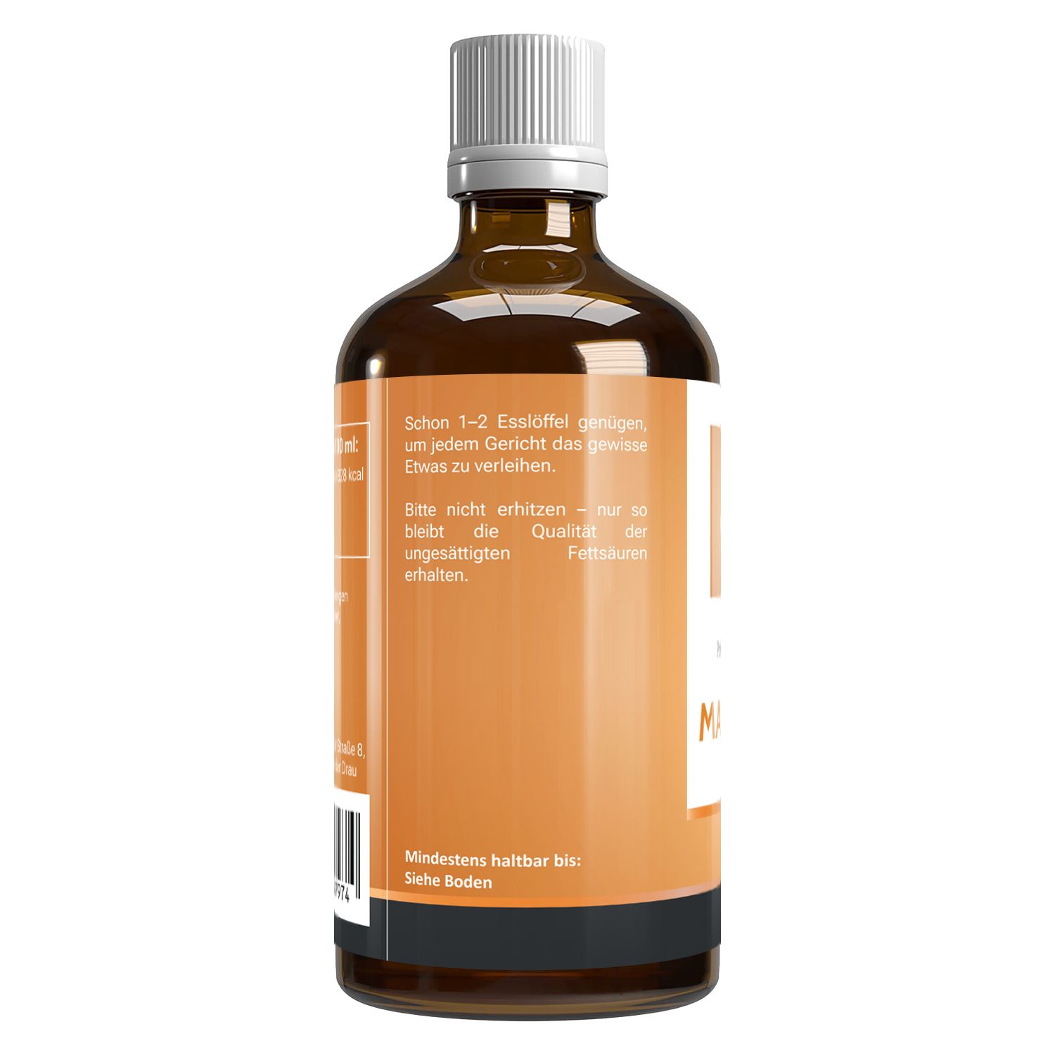 Rückseite einer Mandelöl-Flasche. Text: Anwendung, Mindestens haltbar bis, Barcode.