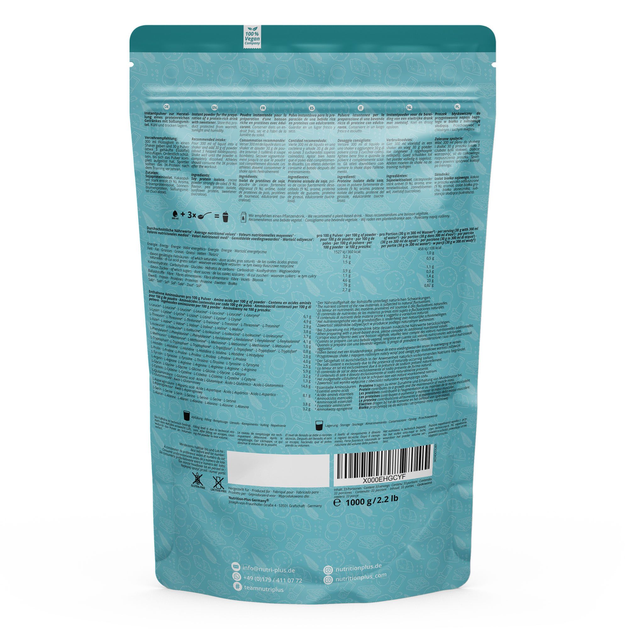 nutri+ Veganes Proteinpulver 3k - Eiweiß Protein Pulver 1kg