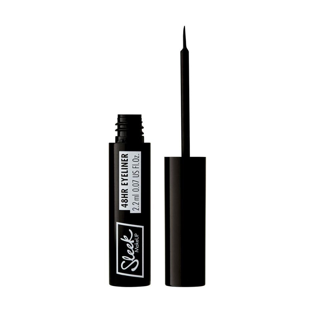 Schwarzer Eyeliner mit geöffneter Flasche und Applikator. Aufschrift: 48HR EYELINER, 2.2 ml 0.07 US FL OZ. Marke Sleek Makeup.