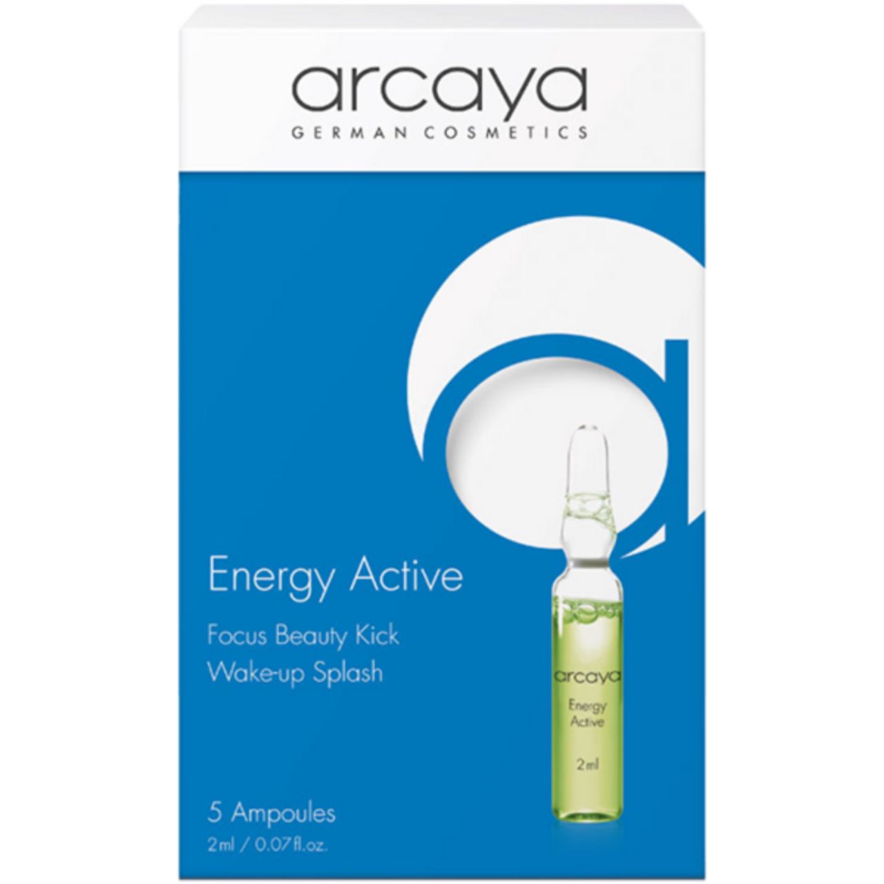Verpackung mit Ampulle. Aufschrift: Arcaya, Energy Active, 5 Ampullen. Blaue und weiße Verpackung. Ampulle mit grüner Flüssigkeit.