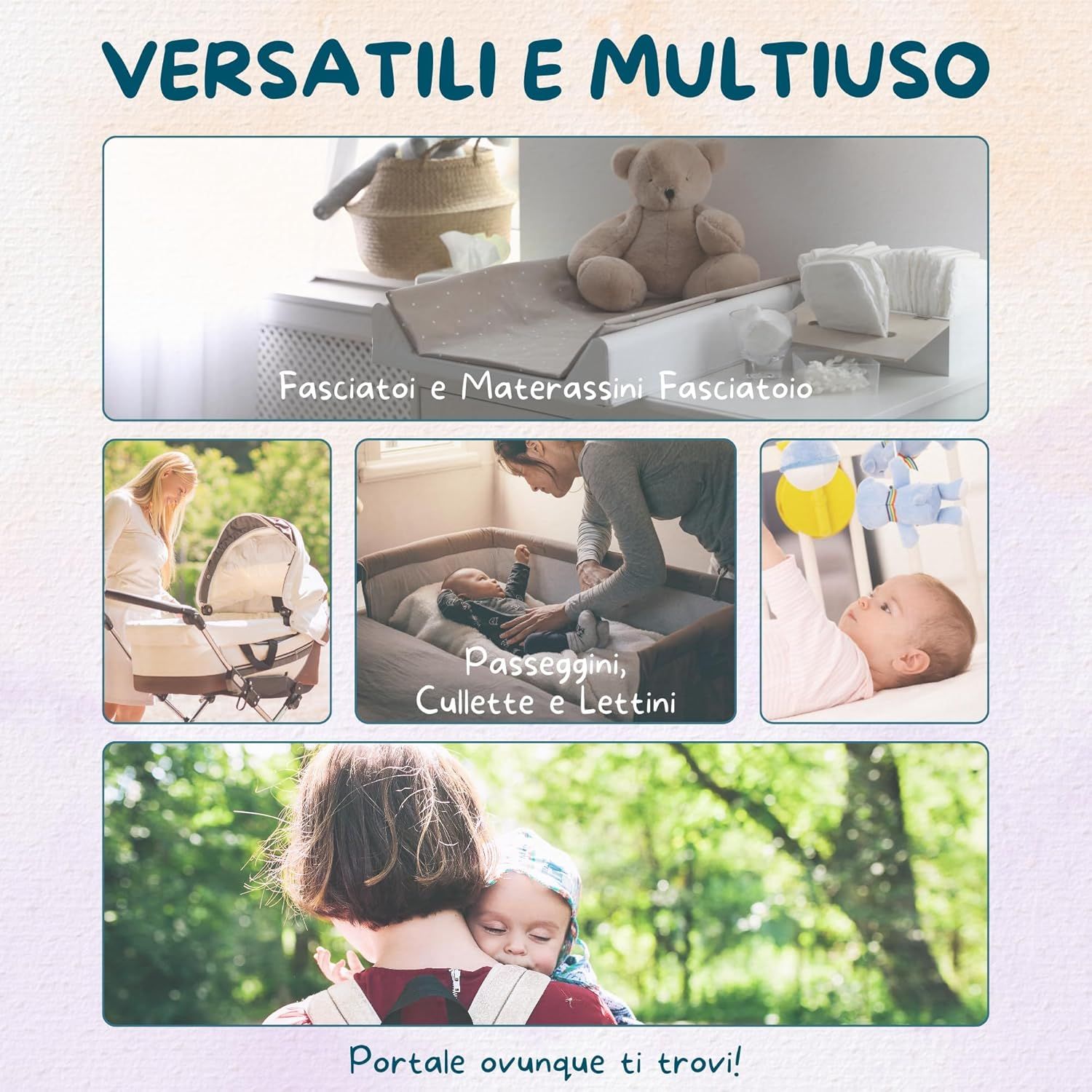 Verschiedene Szenen mit Dailee Bed Baby Bettunterlagen. Babybett, Kinderwagen, Wickeltisch. Text: Versatili e multiuso.