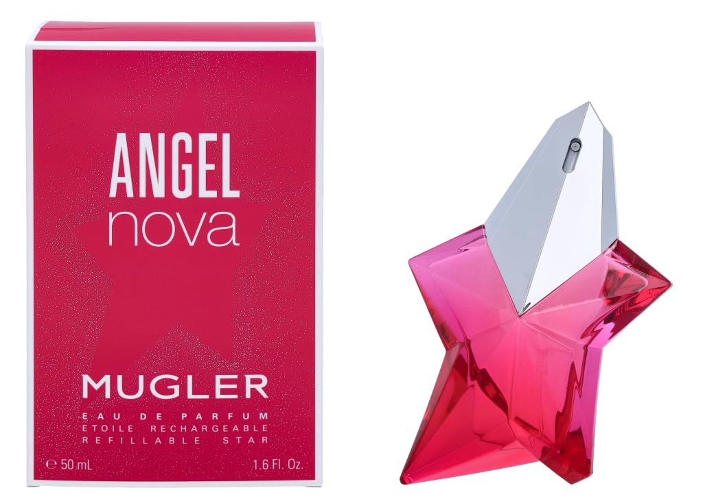 Rosa Sternflakon und Verpackung. Flakon mit silberfarbenem Verschluss. Verpackung mit Schriftzug ANGEL NOVA und MUGLER.