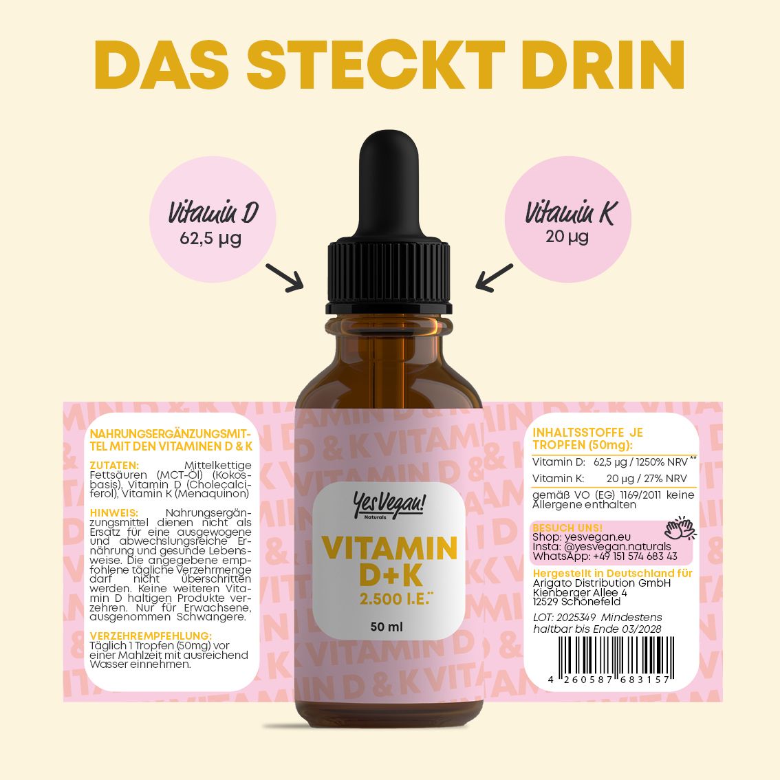 Flasche mit Pipette, zeigt Vitamin D und K Gehalt, Inhaltsstoffe und Anwendung.