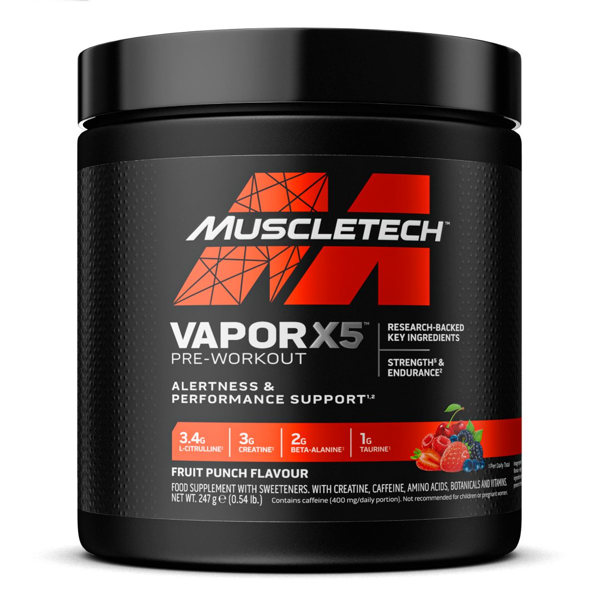 Schwarze Dose mit roter Aufschrift. Enthält Pre-Workout-Nahrungsergänzungsmittel. Aufschrift: MUSCLETECH, VAPOR X5, Fruit Punch Flavour.