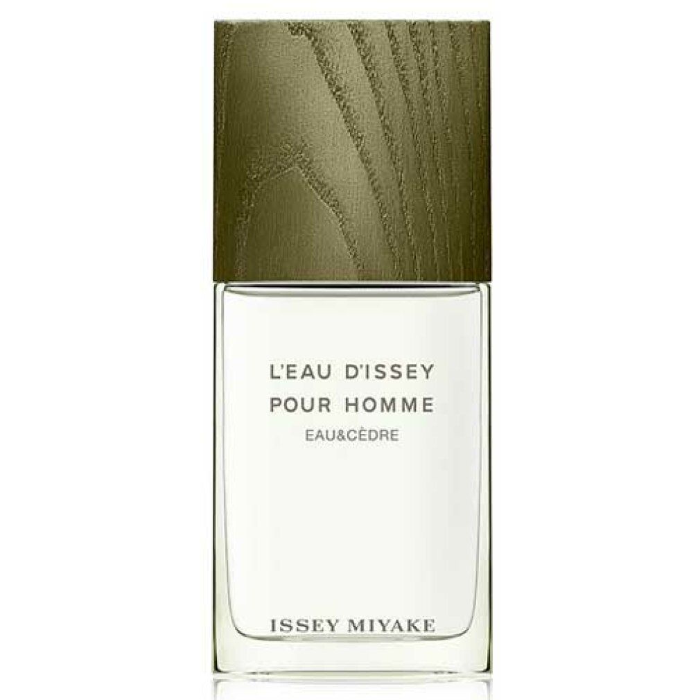 Rechteckiger Flakon mit Holzverschluss. Aufschrift: L'Eau d'Issey Pour Homme Eau&Cèdre, Issey Miyake.
