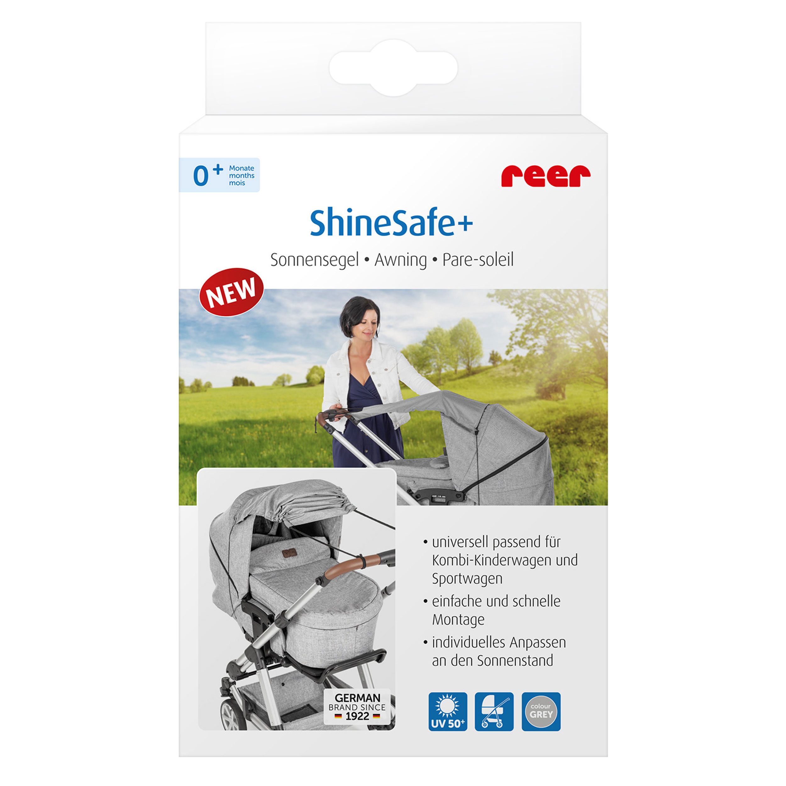reer ShineSafe+ Sonnensegel für Kinderwagen, Grau-Melange,