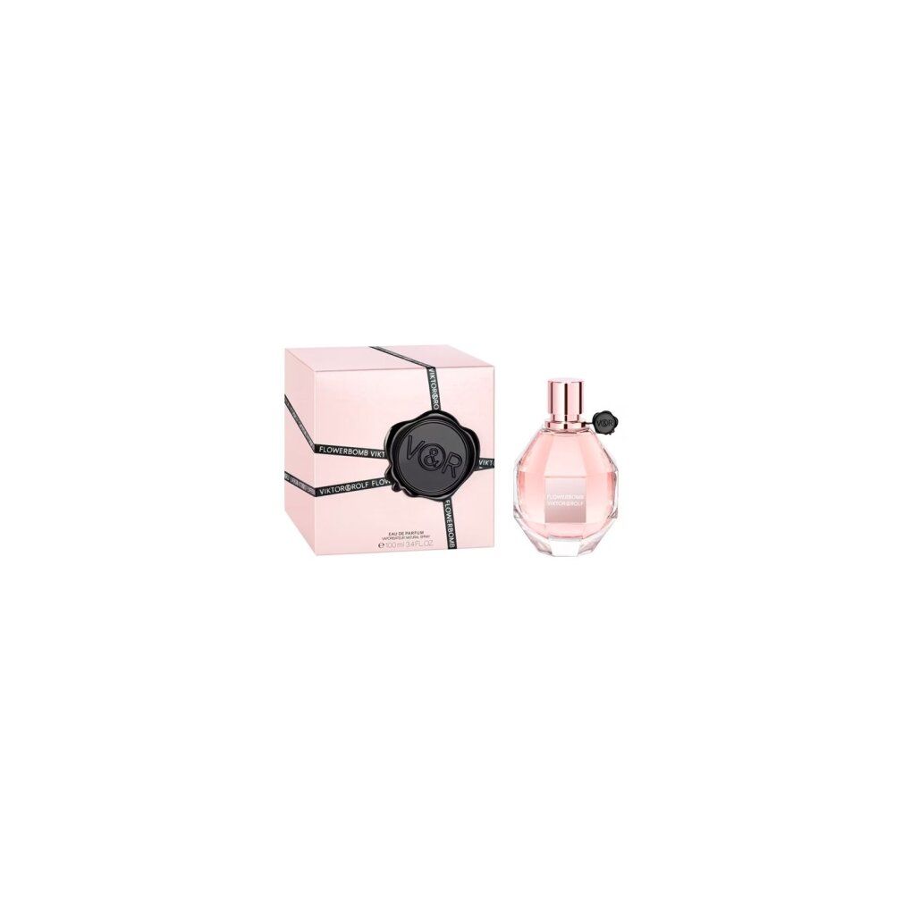 Parfümflakon mit rosafarbenem Inhalt. Aufschrift: Flowerbomb Viktor & Rolf. Verpackung.