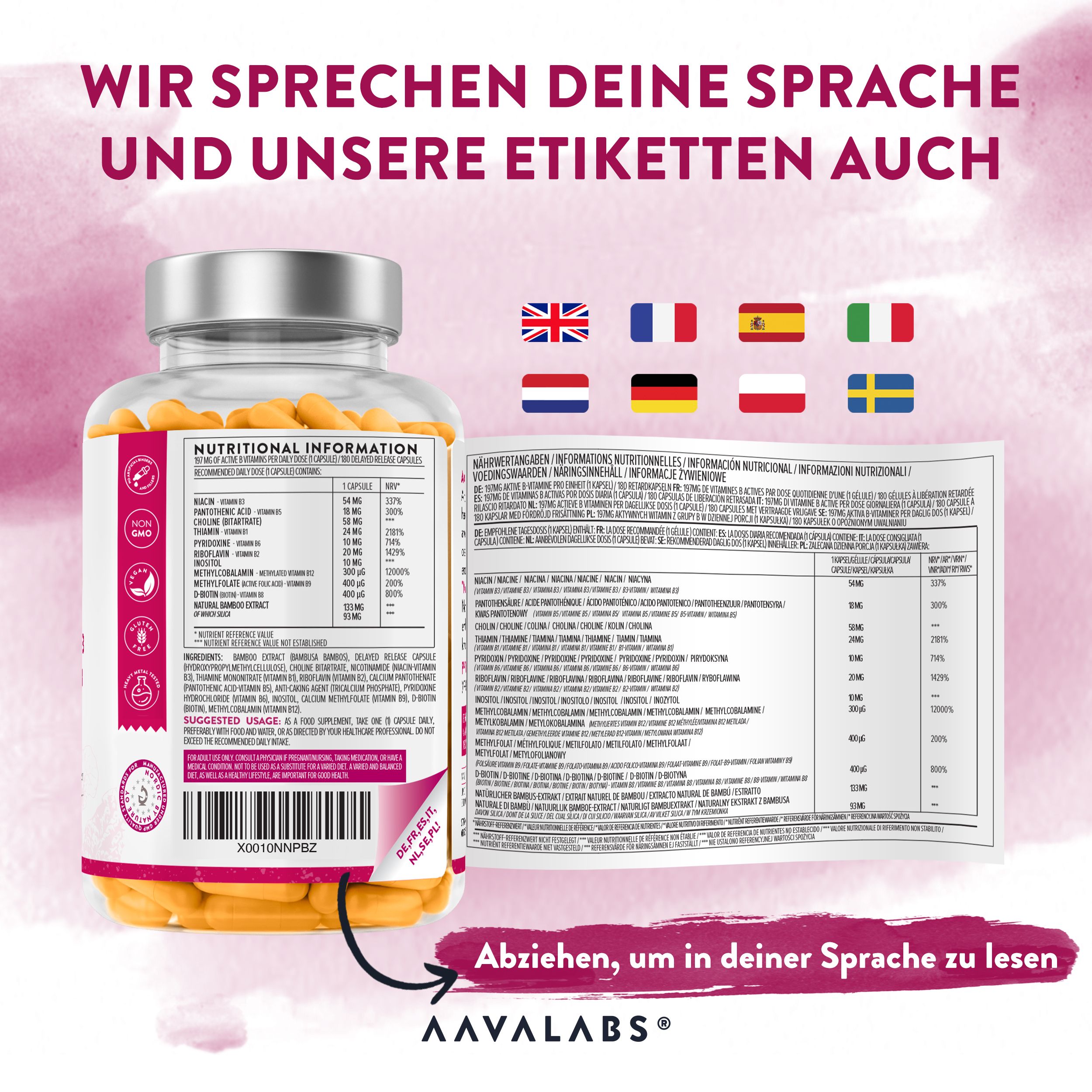 Flasche mit Kapseln. AAVALABS Vitamin B Komplex. Etikett mit Informationen in verschiedenen Sprachen.