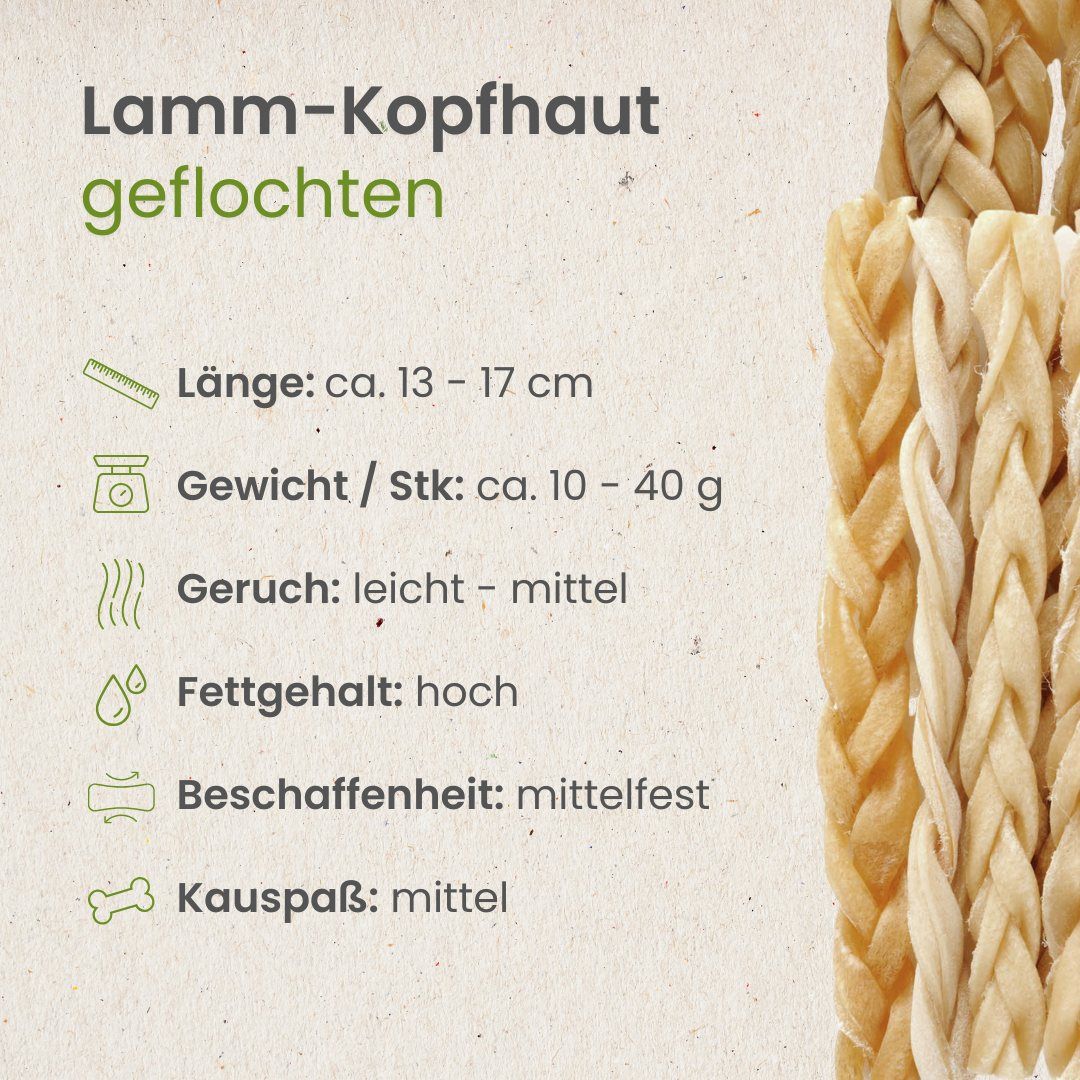 Geflochtene Lammkopfhaut, Länge 13-17 cm, Gewicht 10-40g.