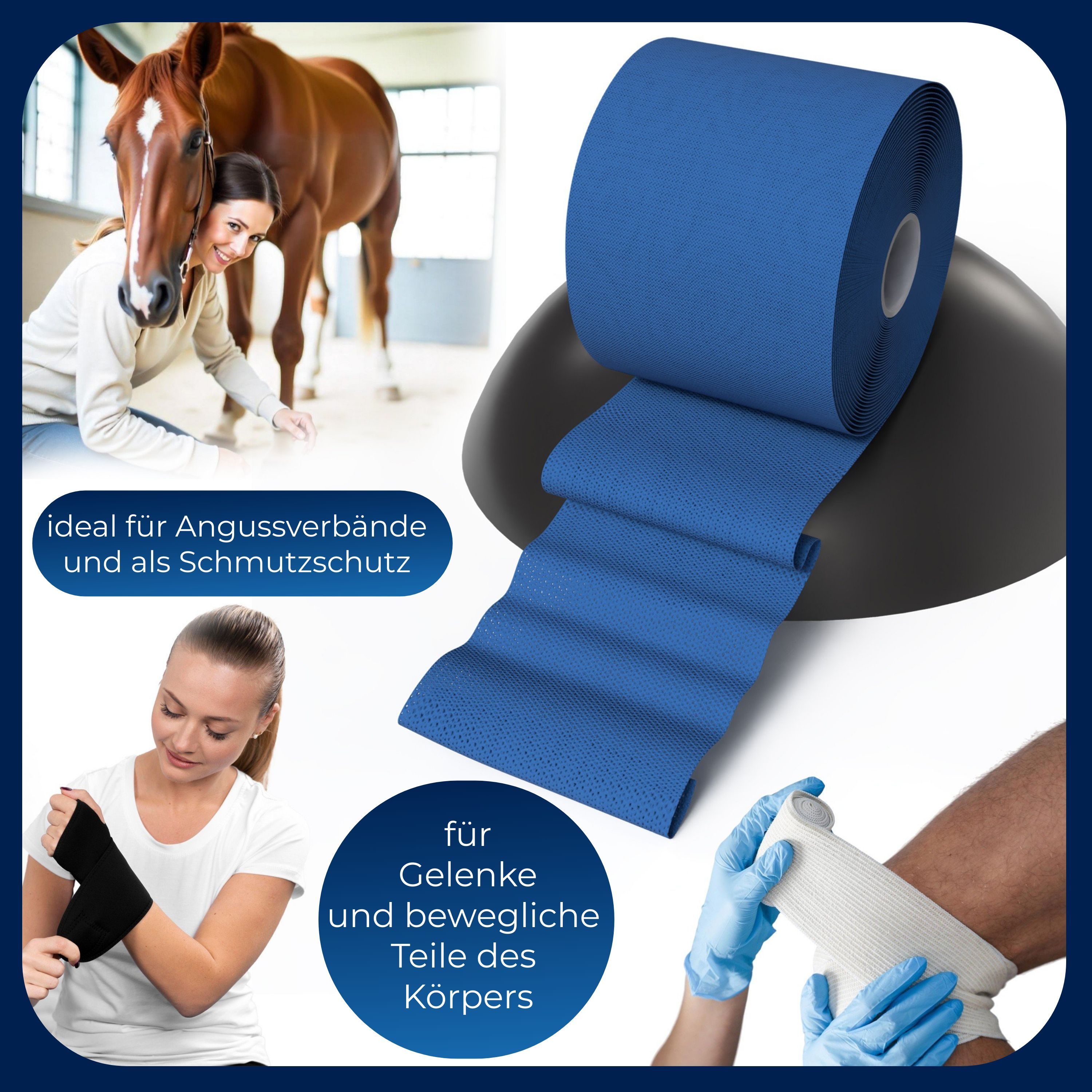 Mehrere Bilder. Oben: Pferd und Person. Rechts: gerolltes blaues Verbandsmaterial. Unten: Person mit schwarzer Handbandage. Person mit Verband.
