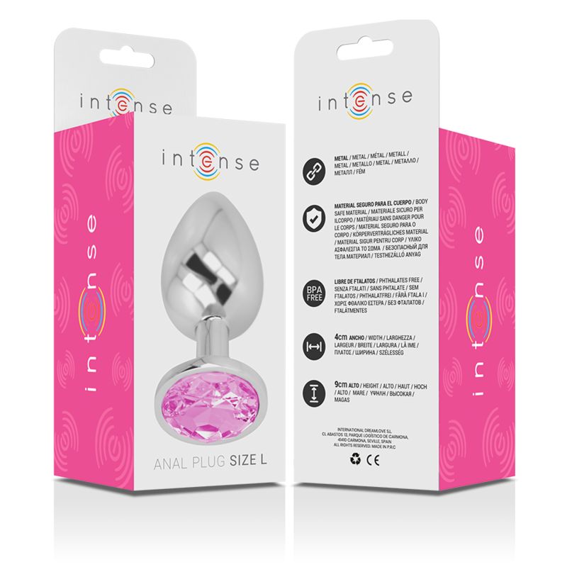 Verpackung mit Analplug aus Metall und rosafarbenem Kristall. Text: 'intense', 'ANAL PLUG SIZE L'.