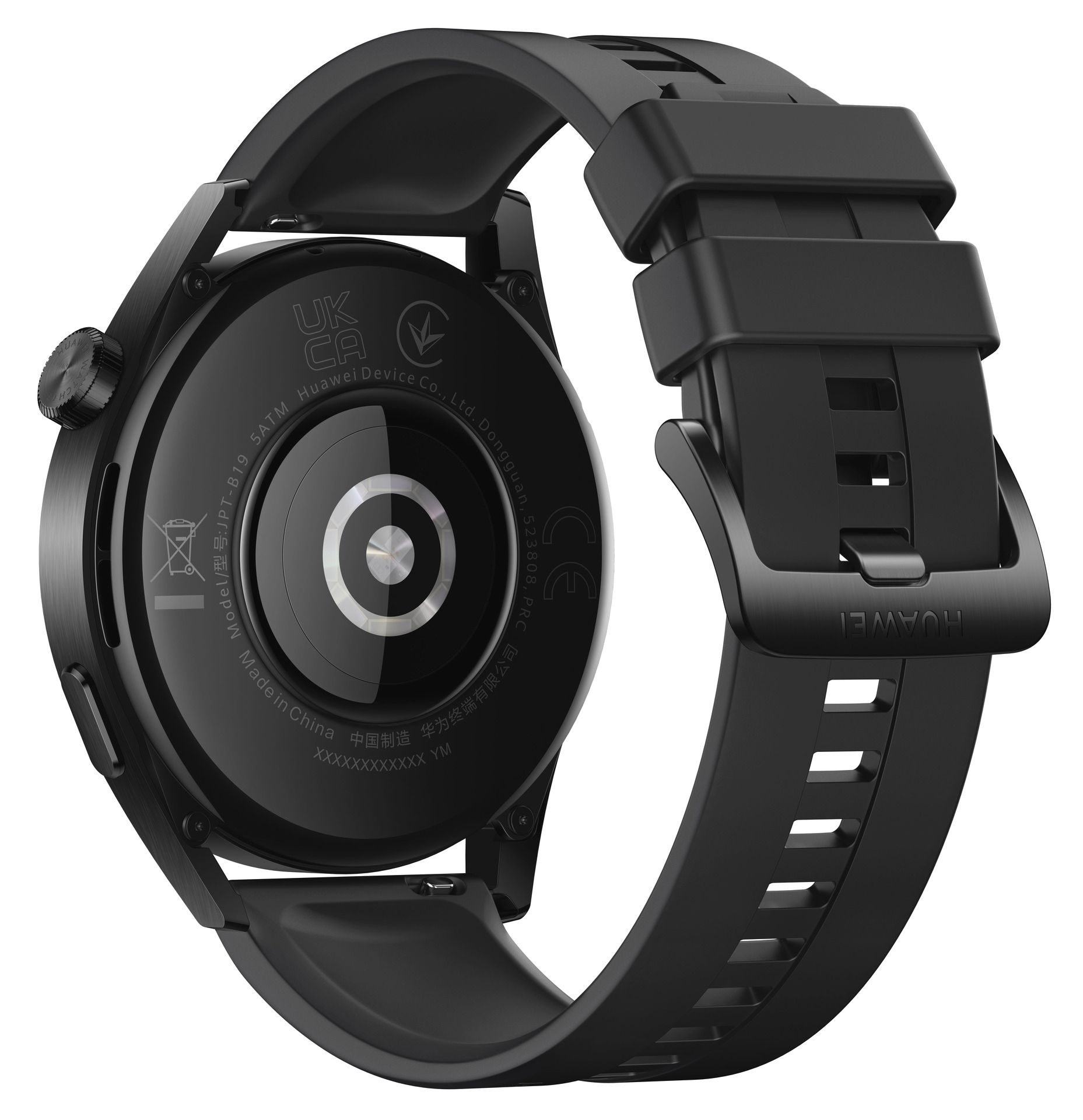 Schwarze Smartwatch, Rückseite. Sensoren, Markierungen und schwarzes Armband. Dornschließe.