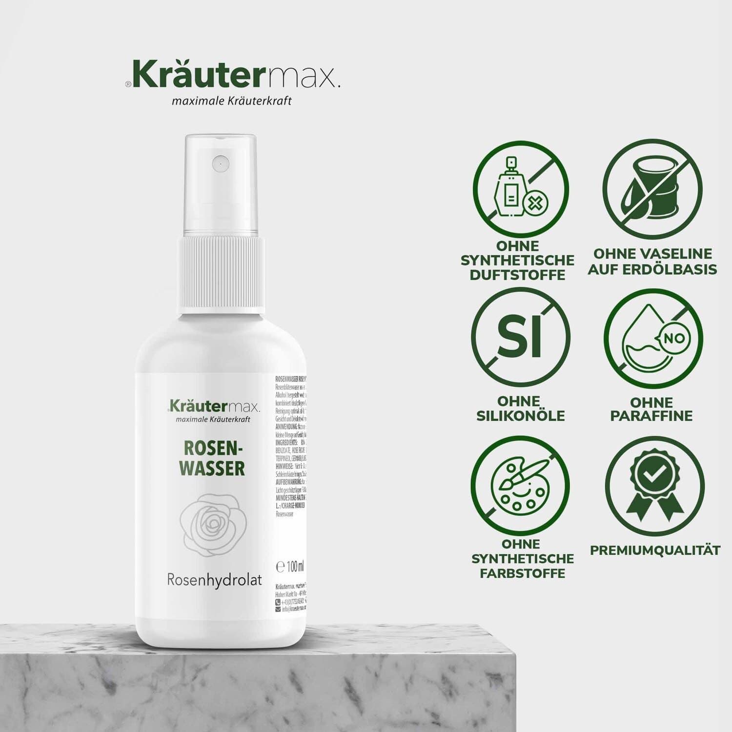 Weiße Sprühflasche mit Rosenwasser-Etikett. Kräutermax. Ohne synthetische Duftstoffe, Silikone, Paraffine.