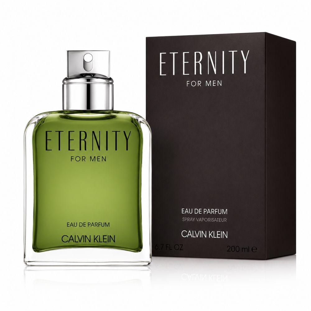 Calvin Klein Eternity for Men Eau de Parfum Flakon und dunkle Verpackung.