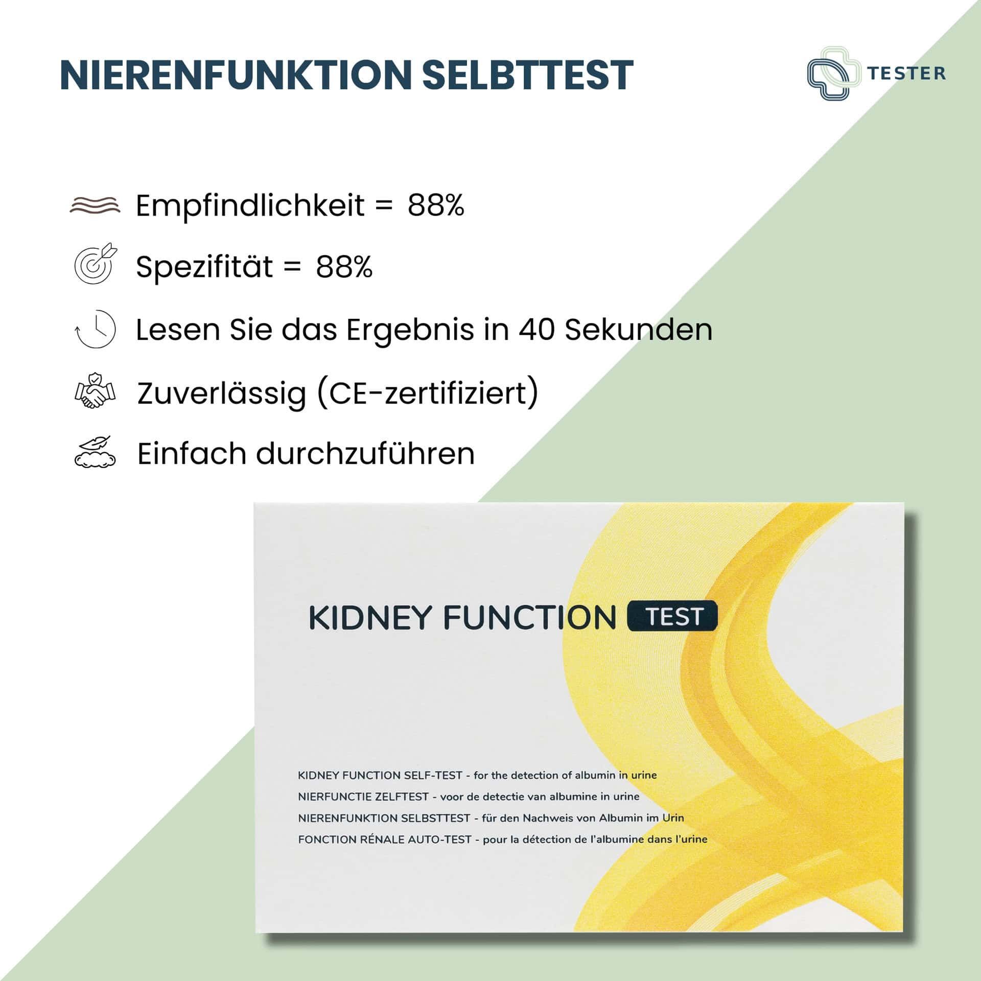 Nierenfunktion-Selbsttest: Empfindlichkeit 88%, Spezifität 88%, CE-zertifiziert.
