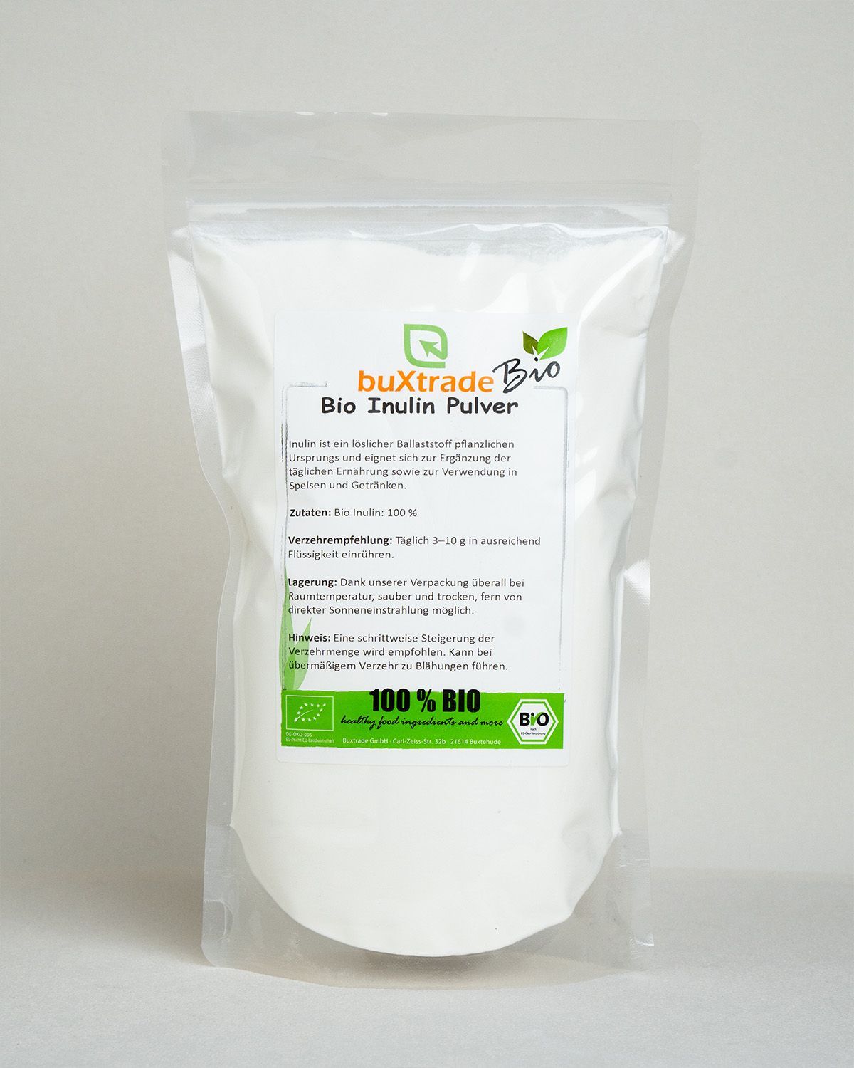 Standbodenbeutel mit buXtrade Bio Inulin Pulver, 100% Bio-Siegel.