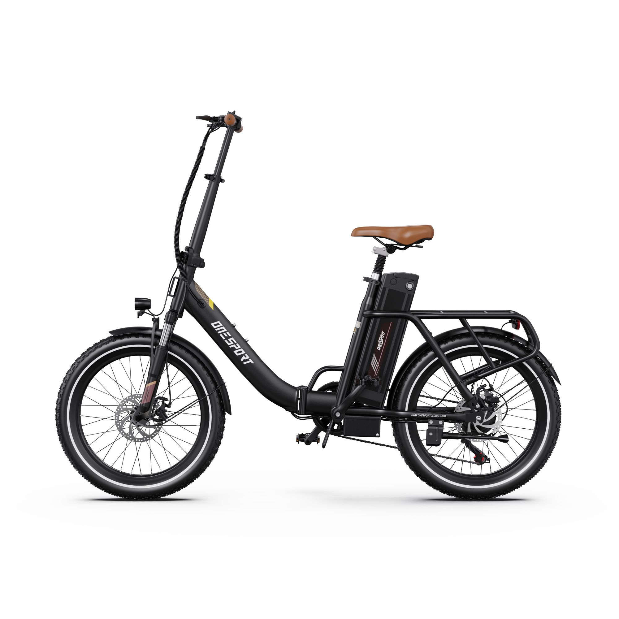 Schwarzes Elektrofahrrad mit braunem Sattel. Marke ONESPORT sichtbar. Seitenansicht.