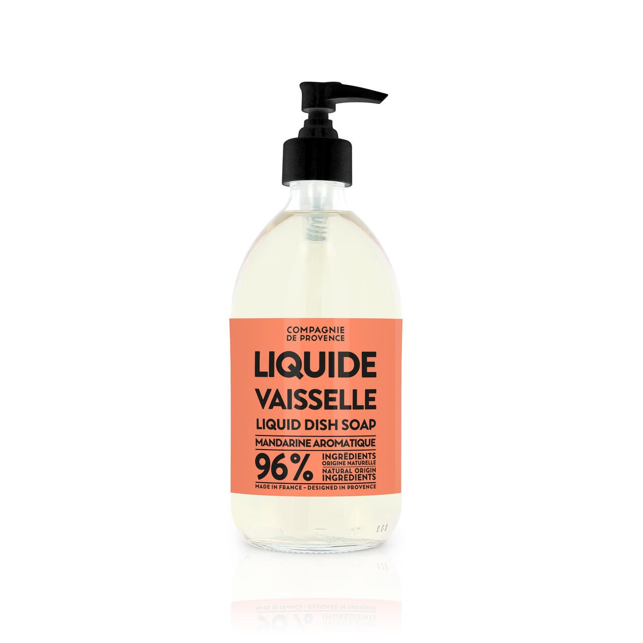 Klare Flasche mit schwarzem Spender. Etikett mit Schriftzug LIQUIDE VAISSELLE, Liquid Dish Soap, 96% Inhaltsstoffe.
