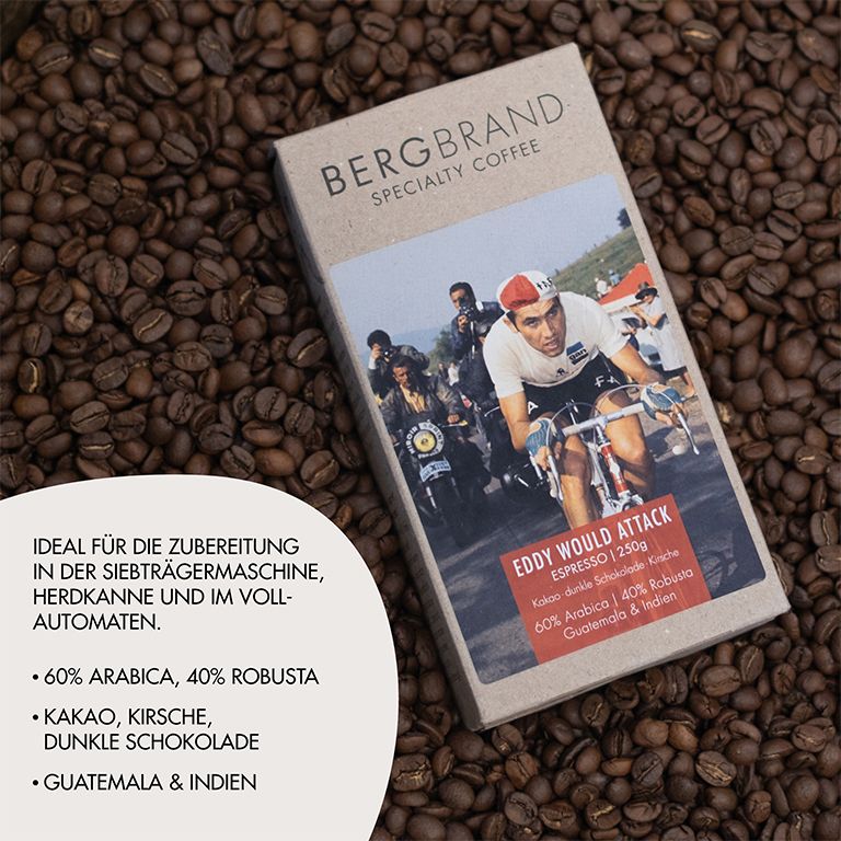 Kaffeepackung BERGBRAND Eddy would Attack auf Kaffeebohnen. Text: 60% Arabica, 40% Robusta, Kakao, Kirsche, dunkle Schokolade.