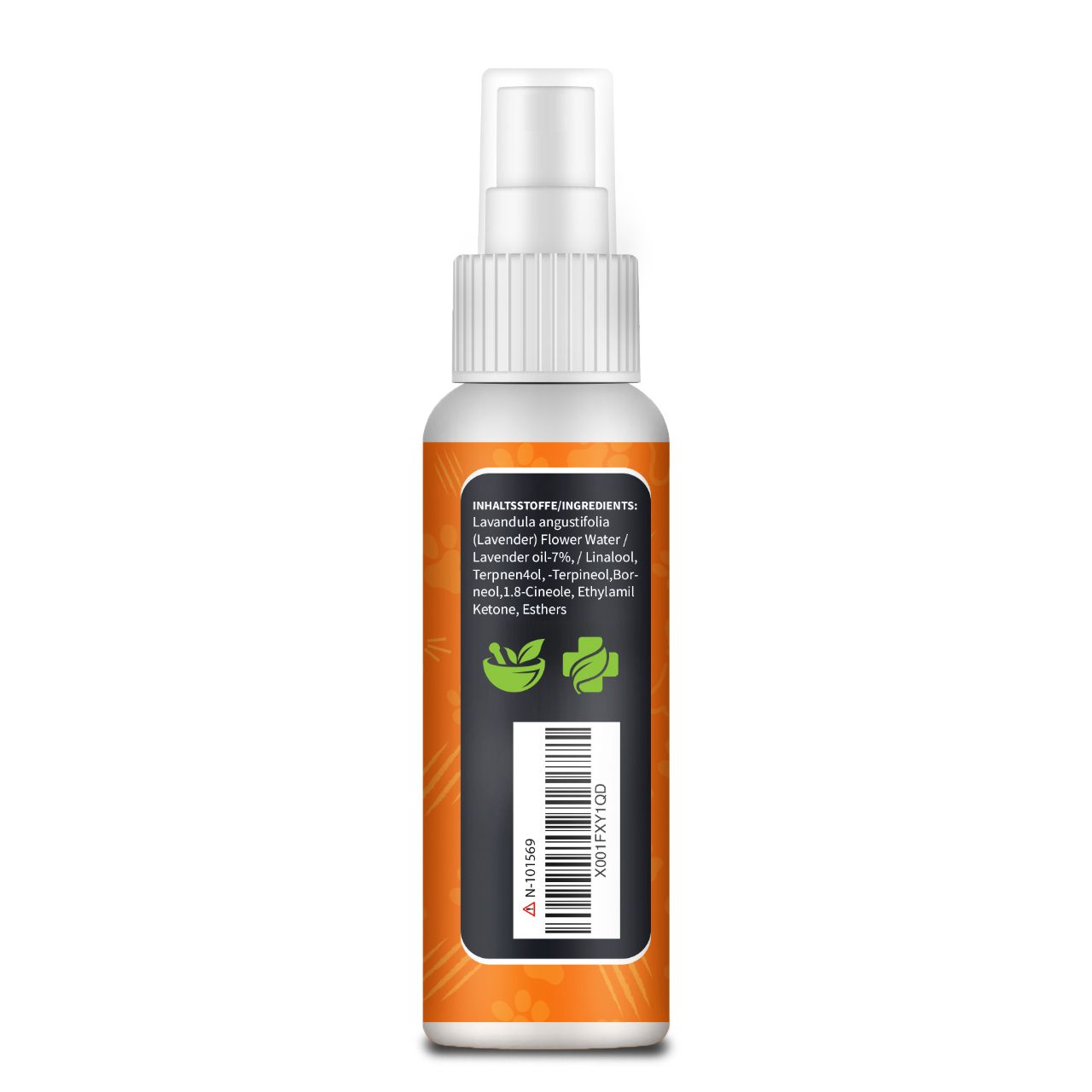 Rückseite einer weißen Sprühflasche mit orangefarbenem Etikett. Text: Inhaltsstoffe, Barcode, Logos. Marke: Saint Nutrition.