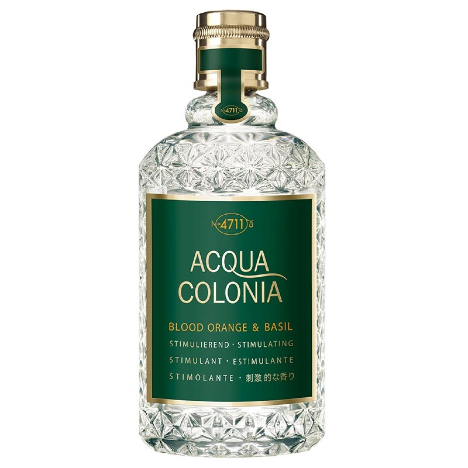 Glasflasche mit grünem Etikett. Aufschrift: Acqua Colonia Blood Orange & Basil. Goldfarbener Verschluss.