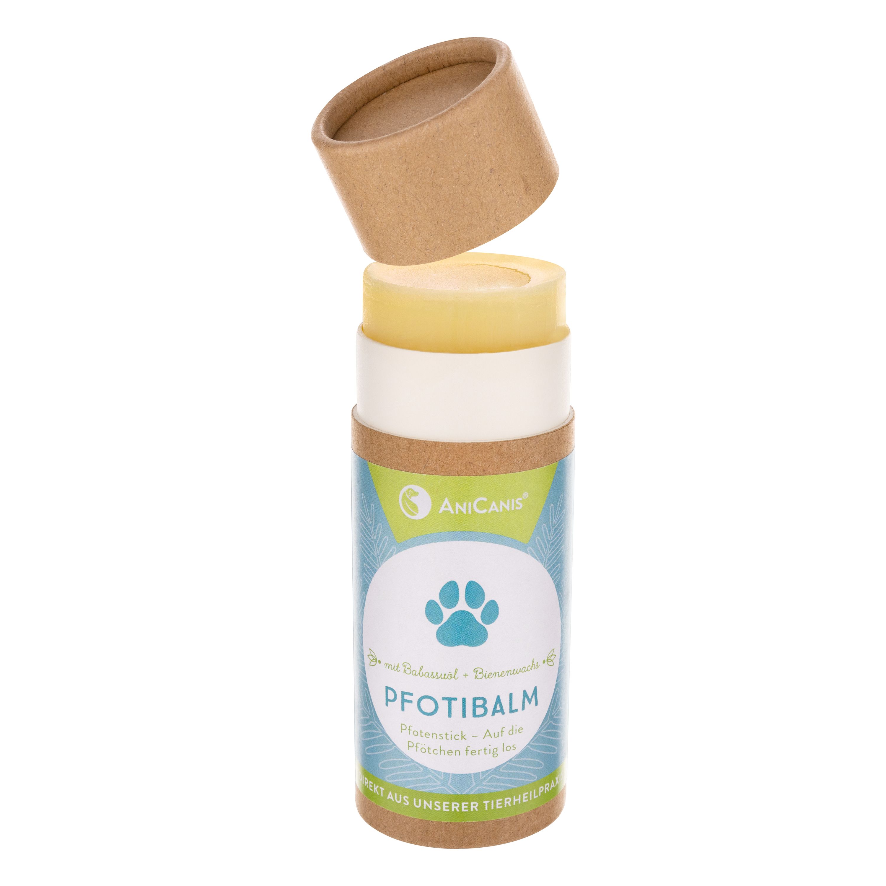 Pfotenbalsam-Stick, teilweise aus der Verpackung genommen. Der Balsam ist gelblich und sichtbar. Verpackung aus Pappe.